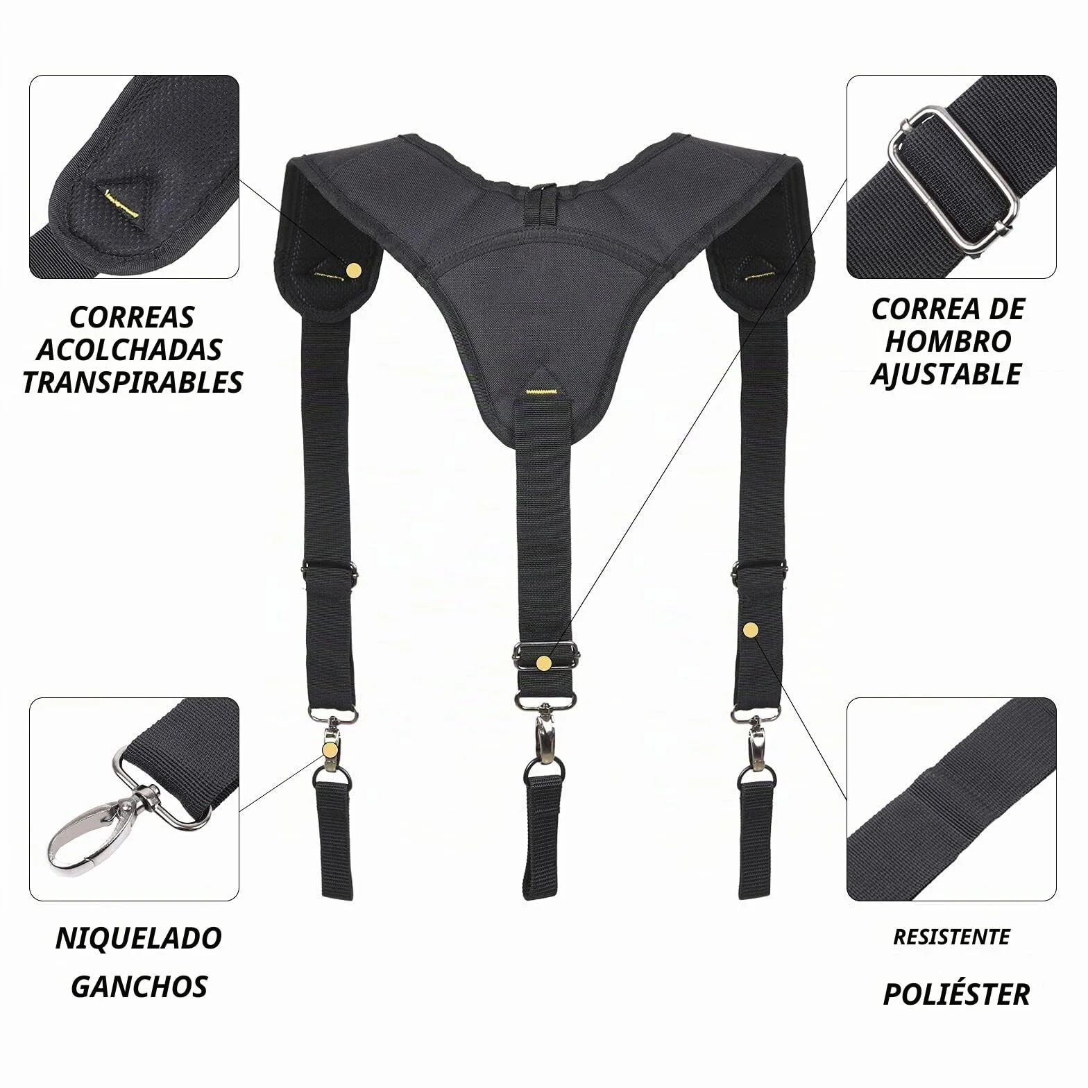 Tirantes de cinturón de herramientas resistentes y duraderos, ajustables con tirantes acolchados de 3 puntos para carpintero, electricista, equipo de