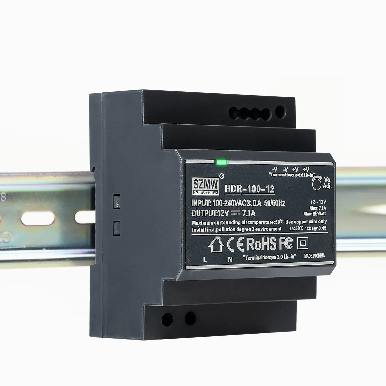 DEWIN Fuente de Alimentación DIN DC 12V 7.1A 100W Transformador 220v a 12v para montaje en carril DIN, Entrada de CA 100V-240V, Salida de CC 12V, HDR-100-12