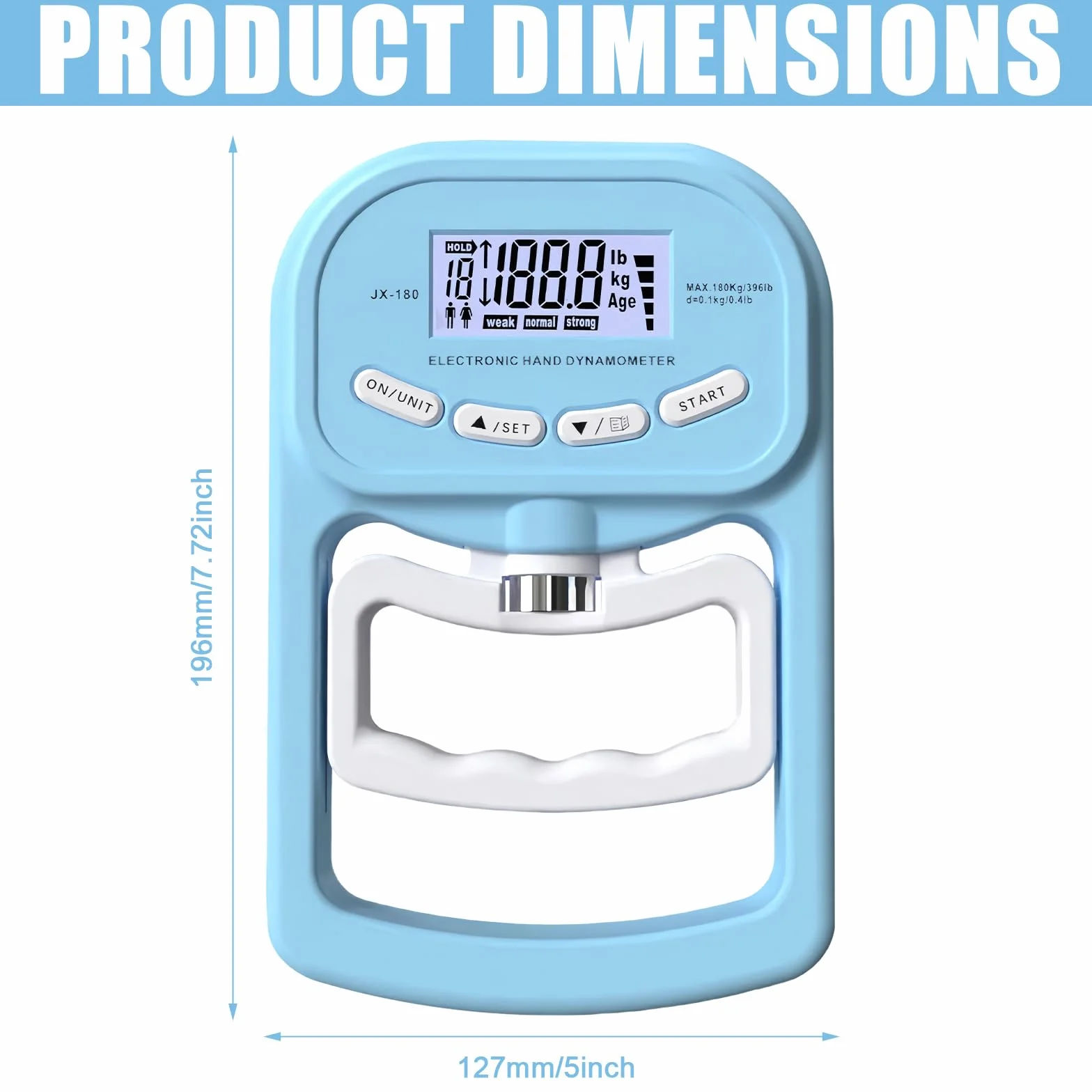 Medidor electrónico de fuerza de agarre: 396 lb/180 kg, dinamómetro de mano, dinamómetro de mano, pantalla LED, con cable de carga USB, color azul