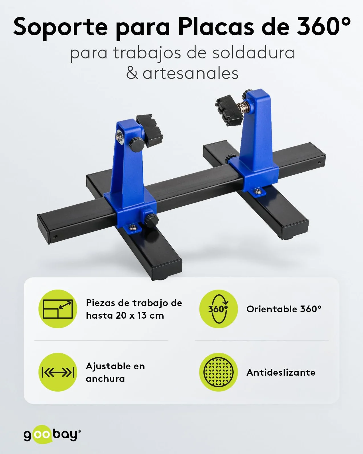 goobay Soporte ajustable para PCB/Soporte para PCB/Robusto soporte para soldar Para fijar PCBs y piezas de trabajo durante la soldadura y el trabajo artesanal/Rotación de 360, 51220