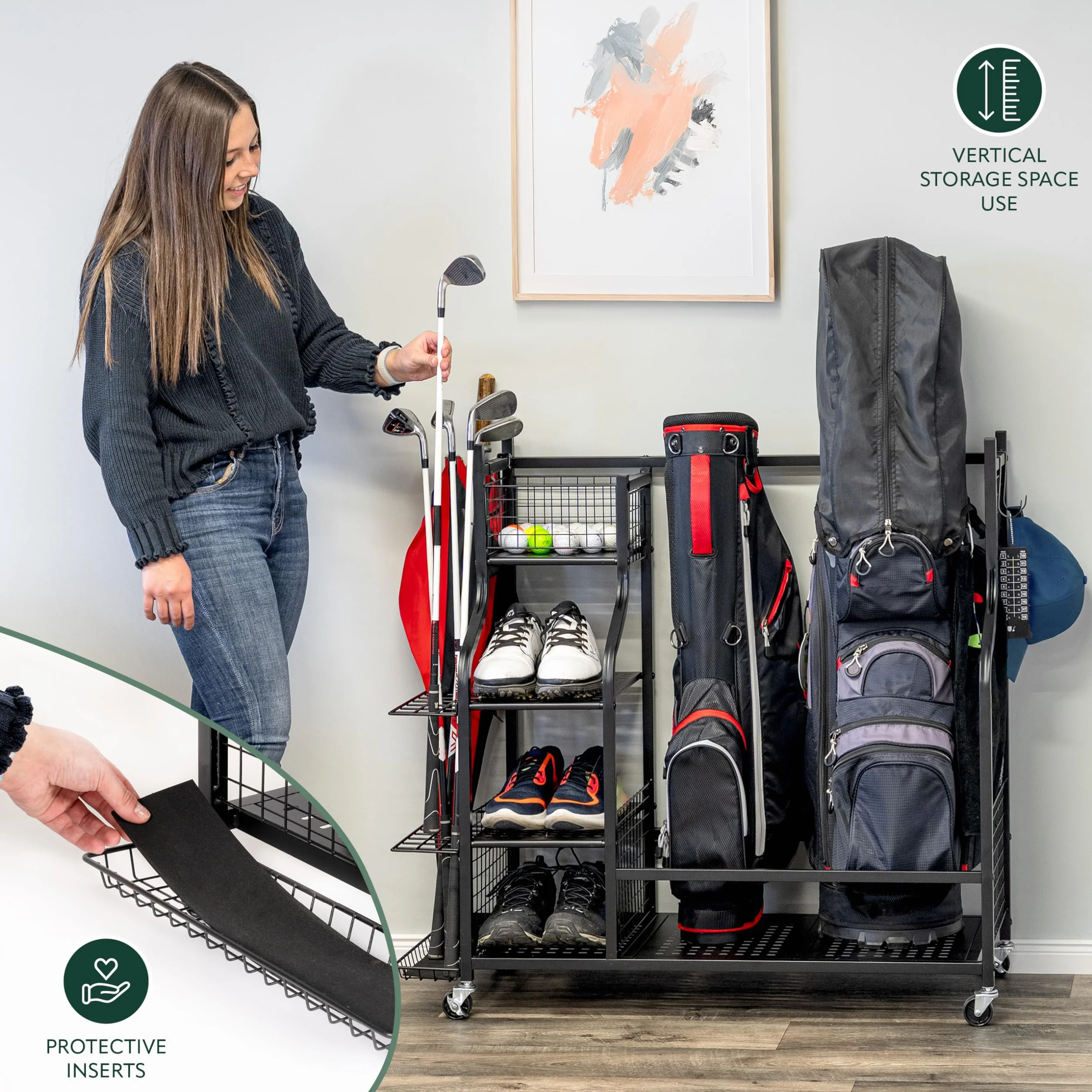 eluno Organizador de bolsas de golf con estantes estables y cestas, estante de almacenamiento para 2 bolsas de golf y accesorios de equipo de golf, soporte para bolsas de golf, de acero negro