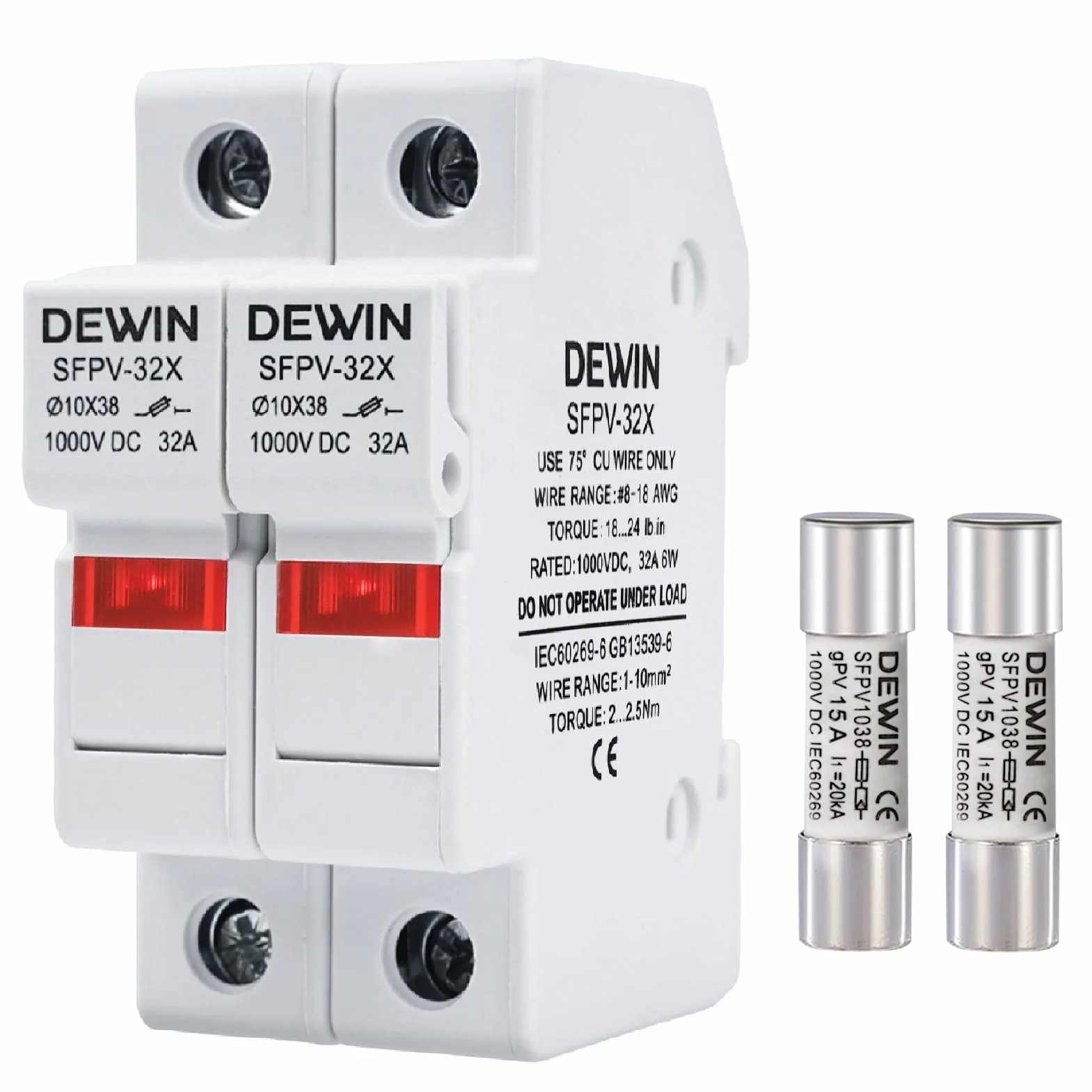 DEWIN Fusible fotovoltaico 2 polos 1000V CC 32A con protección contra sobrecarga y cortocircuito