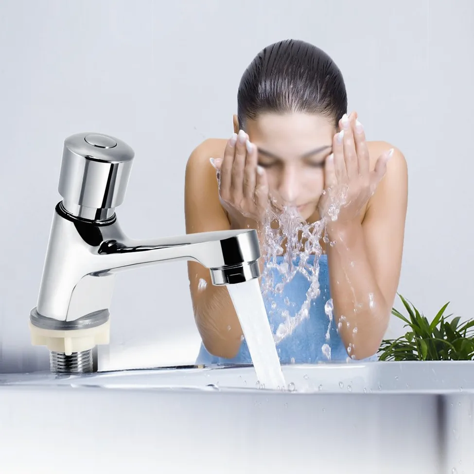 Joyzan Grifo de Retardo Tiempo, Accesorios Para Lavabo Agua Fria Cocinas Baños y Lavanderías con Filtro Cocina Bañera Fácil Instalación Tiempo Retraso 4 6 Segundos Cierre Automatico Cromado el Hogar