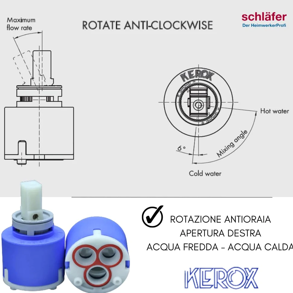 Schläfer | Cartucho de repuesto de cerámica para grifo bajo, monopalanca de 2 pies, Kerox, grifo mezclador de apertura derecha, cocina, bañera, ahorro de agua y energía