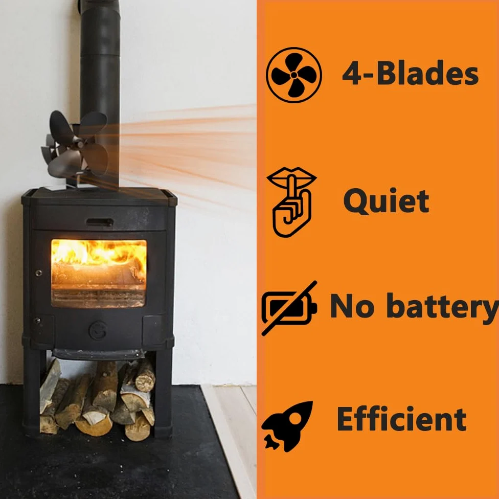 Ventilador de chimenea Ventilador de estufa de leña de 4 aspas de funcionamiento silencioso - Colol Negro y Rojo