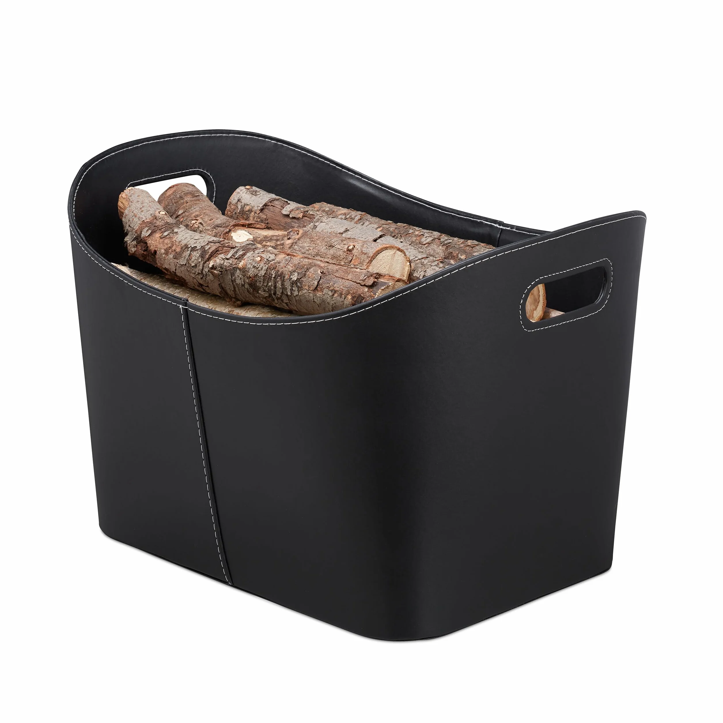 Relaxdays Cesta Leña con Asas, Leñero Interior, Cuero Sintético, 35,5 x 55 x 42,5 cm, Negro