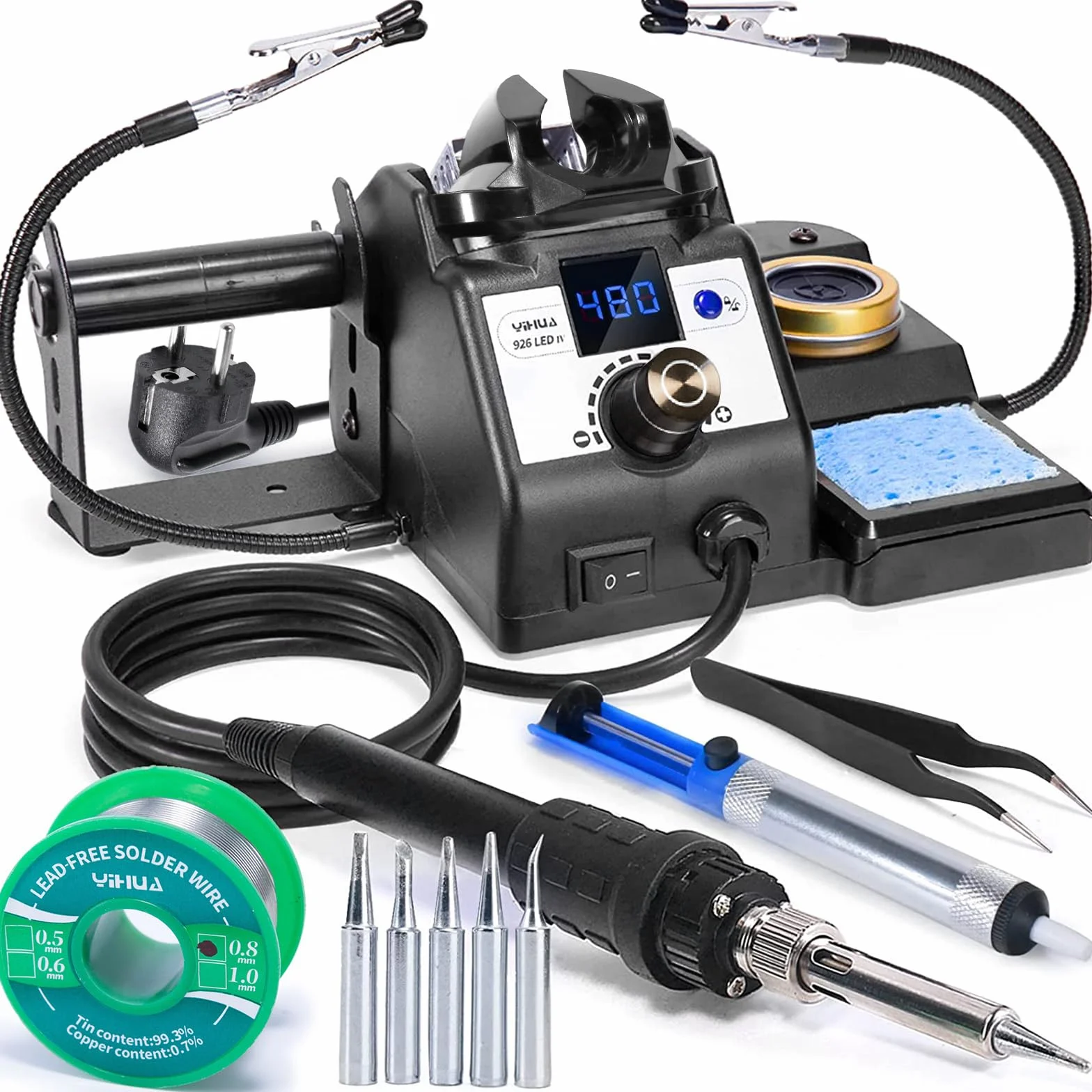 YIHUA 926LED-IV 60W estación de soldadura 90~480 ° C juego de soldador con 2 manos amigas, 5 puntas de soldadura adicionales, bomba para desoldar, 50 g de soldadura sin plomo, pinzas a prueba de ESD