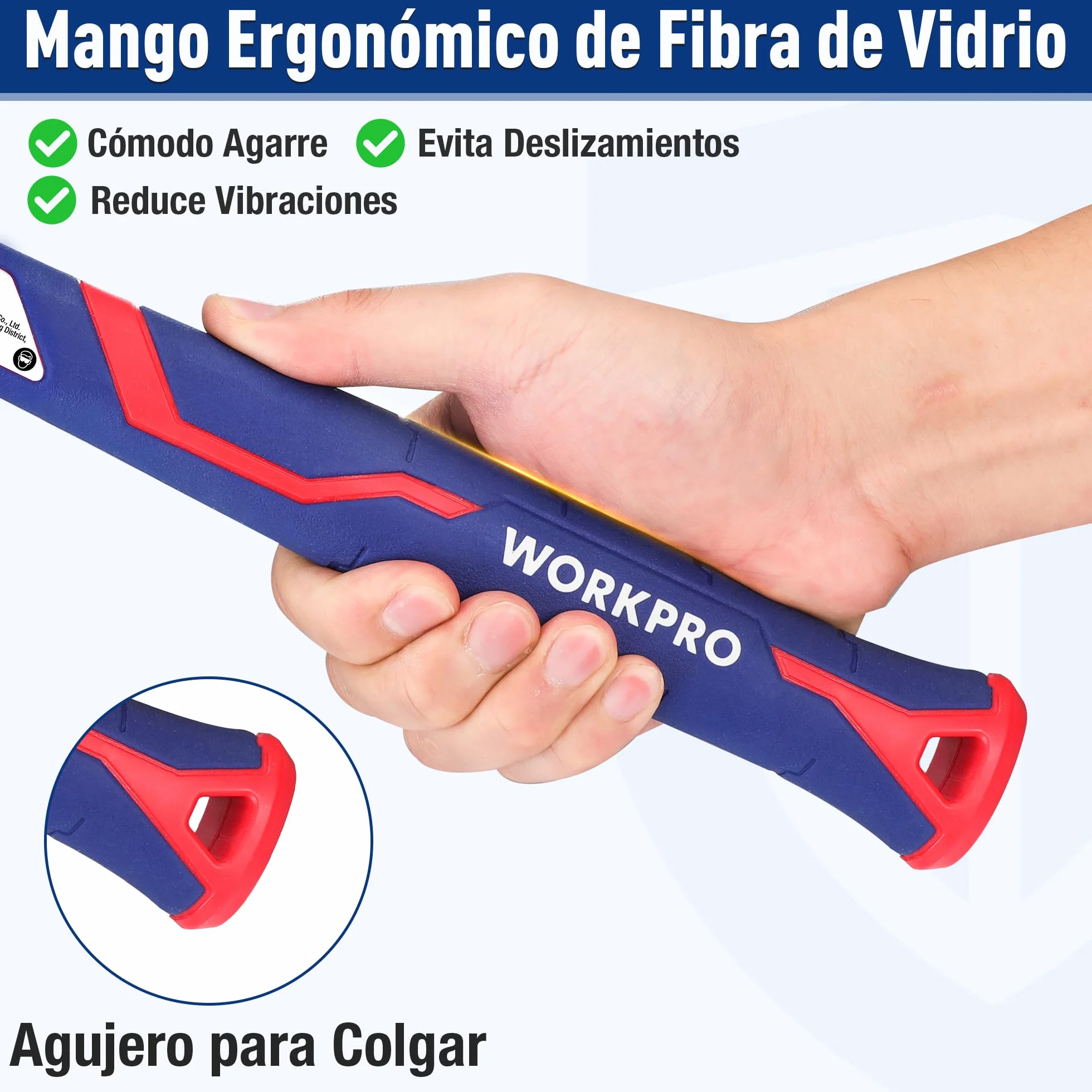 WORKPRO Martillo de Club de 3 LB/1,4 KG con Mango de Fibra de Vidrio, Martillo de 35,5cm, Cabeza de Acero Forjado y Tratado Térmicamente, para Construcción, Roca, Carpintería, Cincelado, Hogar