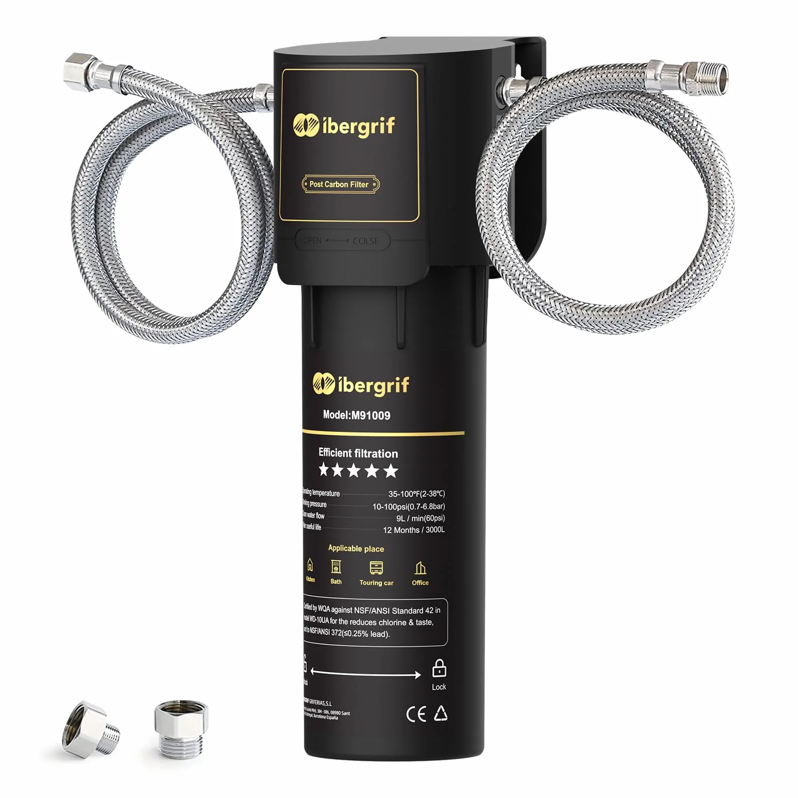 Ibergrif Sistema de Filtro de Agua para Debajo del Fregadero NSF/ANSI 42 Reduce Cloro Plomo Fluoruro Mal Sabor Olor Instalación Rápida Negro