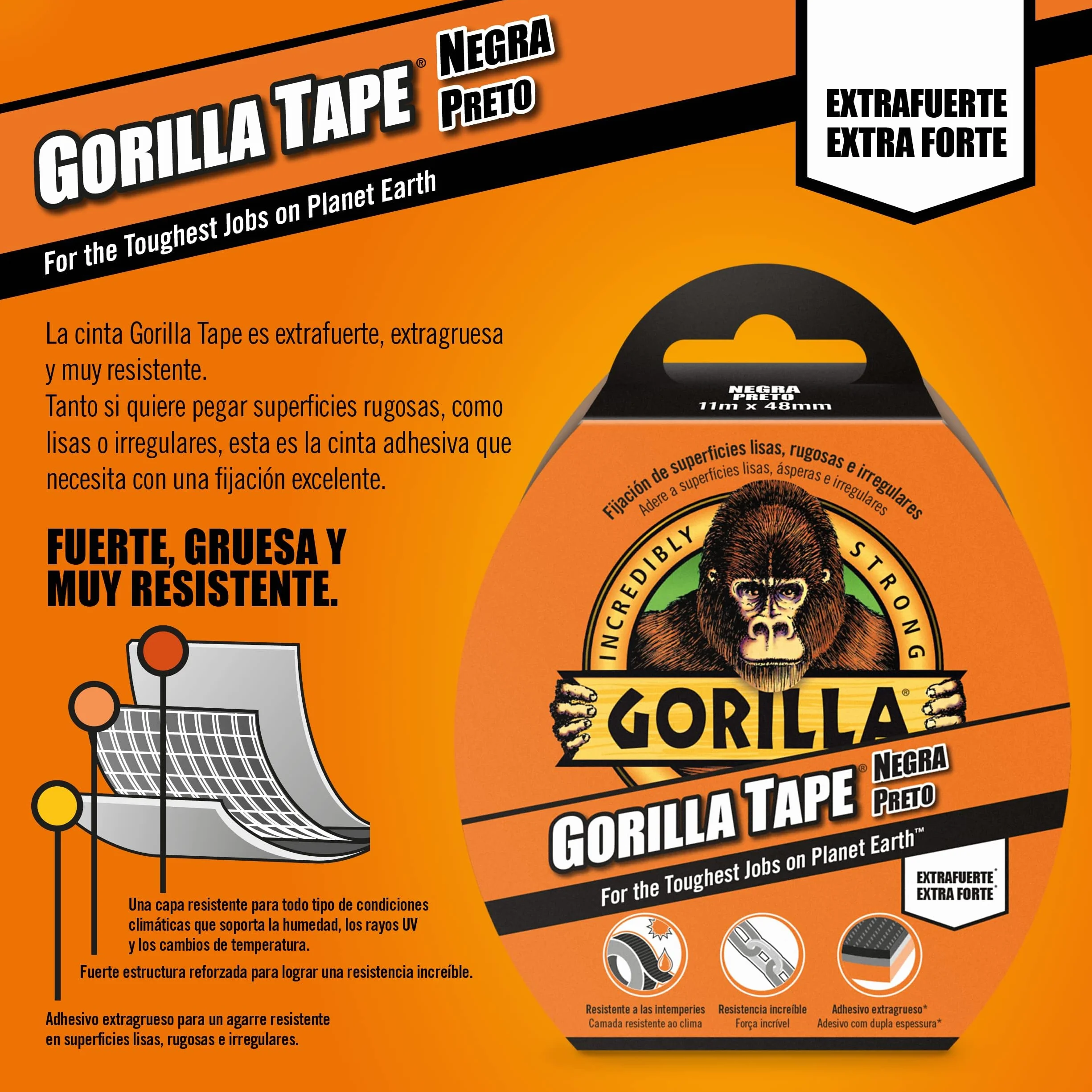 Gorilla Tape - Cinta Americana Negra, 32m x 48mm | Agarre Extrafuerte en Superficies Rugosas e Irregulares | Multiusos y Resistente al Agua
