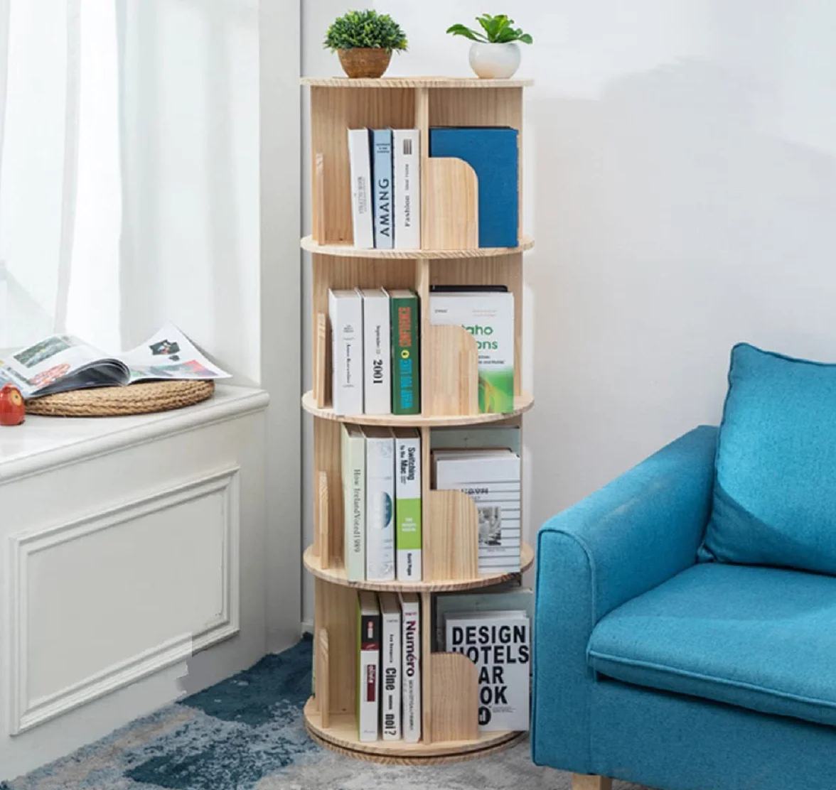 Heehee Estantería giratoria de 360 Grados, estantería de pie para Suelo de 4 Niveles, Estante de Almacenamiento para niños y Adultos, Organizador de estantería de Madera Maciza
