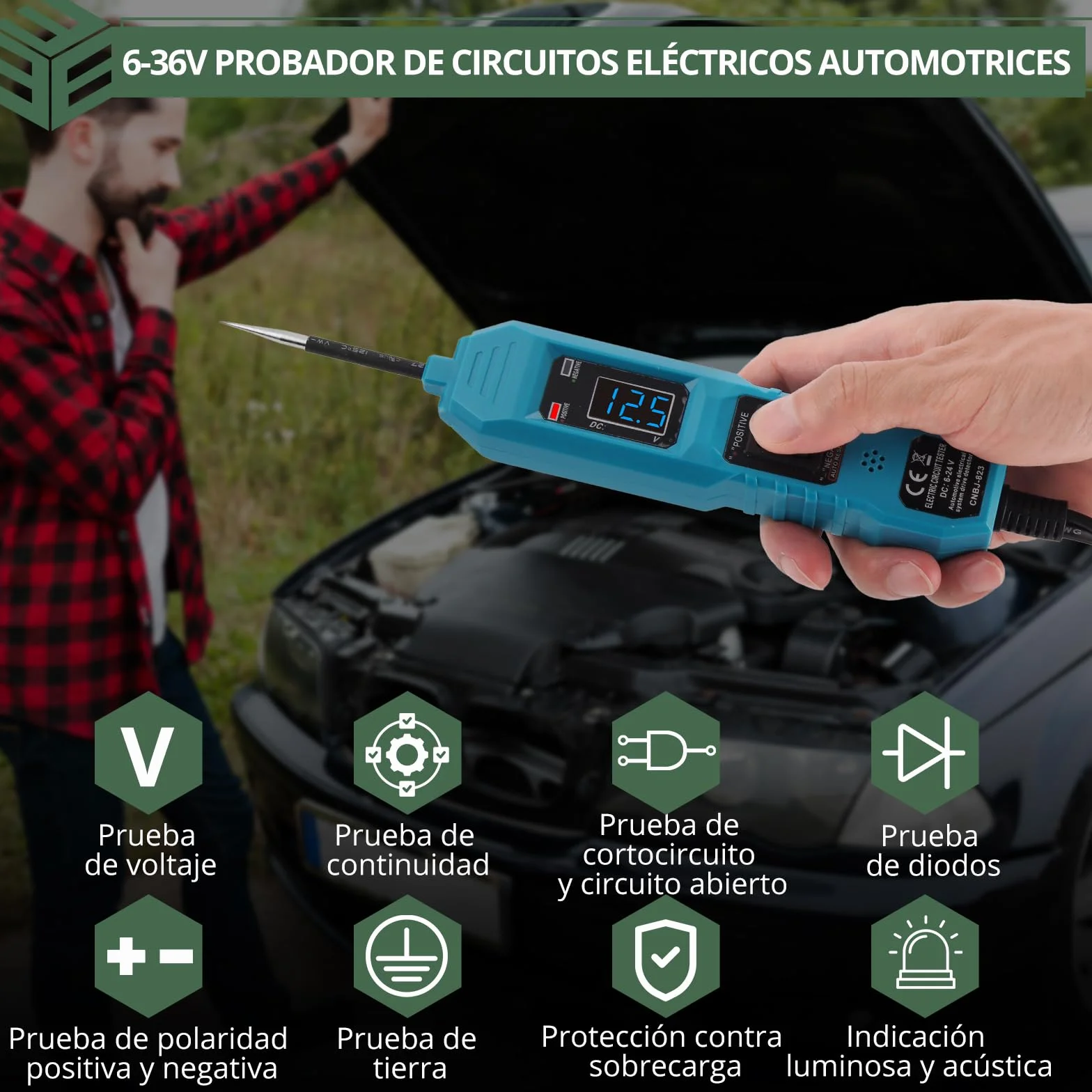 EYPINS 6-36V Probador de Circuitos Automotriz, Comprobador de Corriente y Fusibles Coche con Pinzas de Cocodrilo, Pantalla LCD, Cable 4.5m