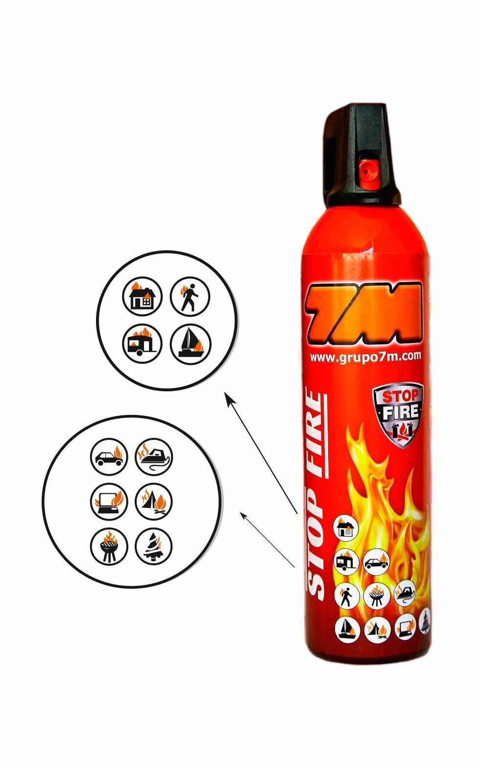 Mini extintor STOP FIRE. Extintor para casa, coche, taller, oficina, caravana, jardin, etc. NO es tóxico ni irritante. Fácil de limpiar. No necesita revisiones