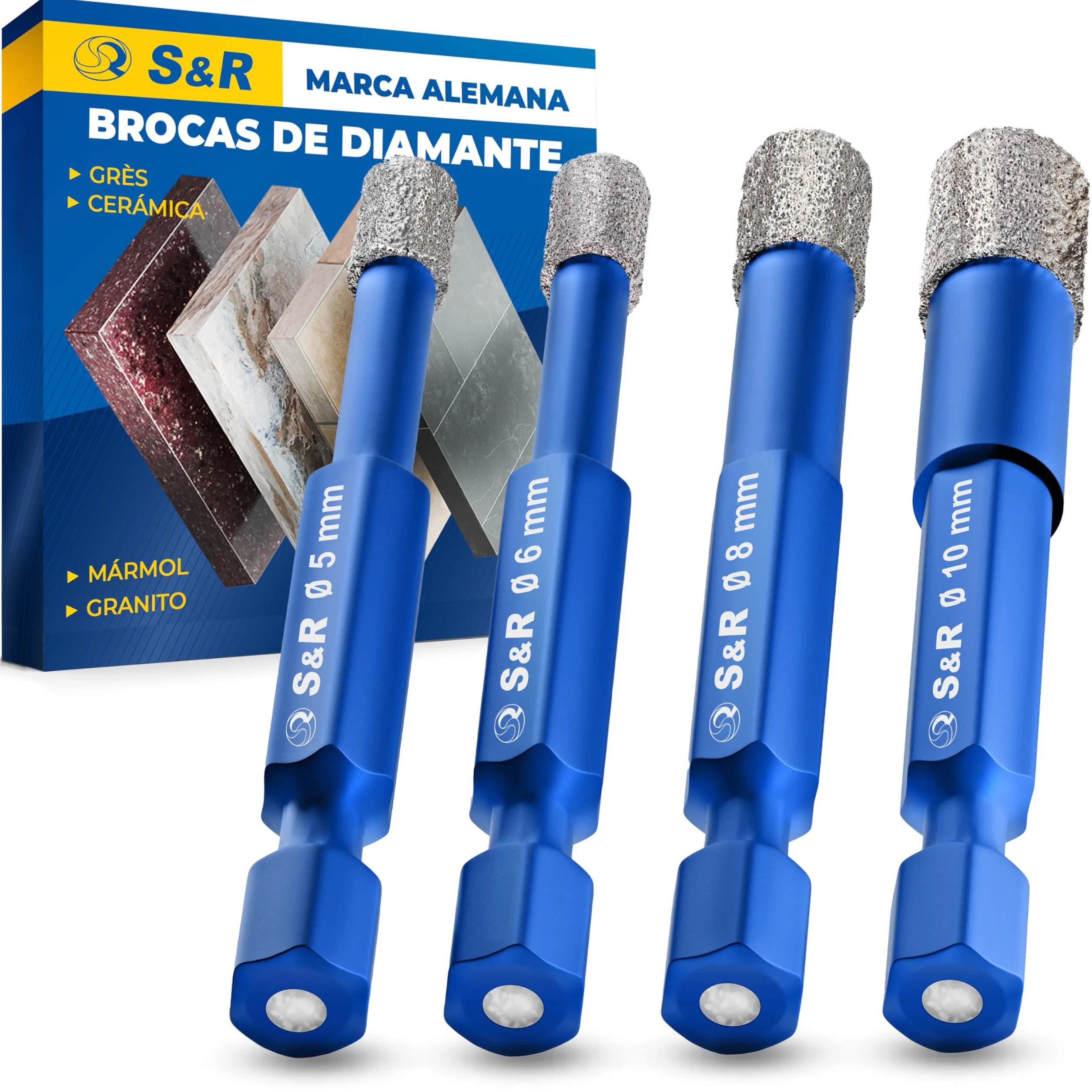 S&R 4 Brocas Diamante para Gres Porcelánico, Azulejos, Vidrio, Baldosas, Cerámica, Piedra, Muro. Brocas diamantadas porfesionales. Vástago Hexagonal