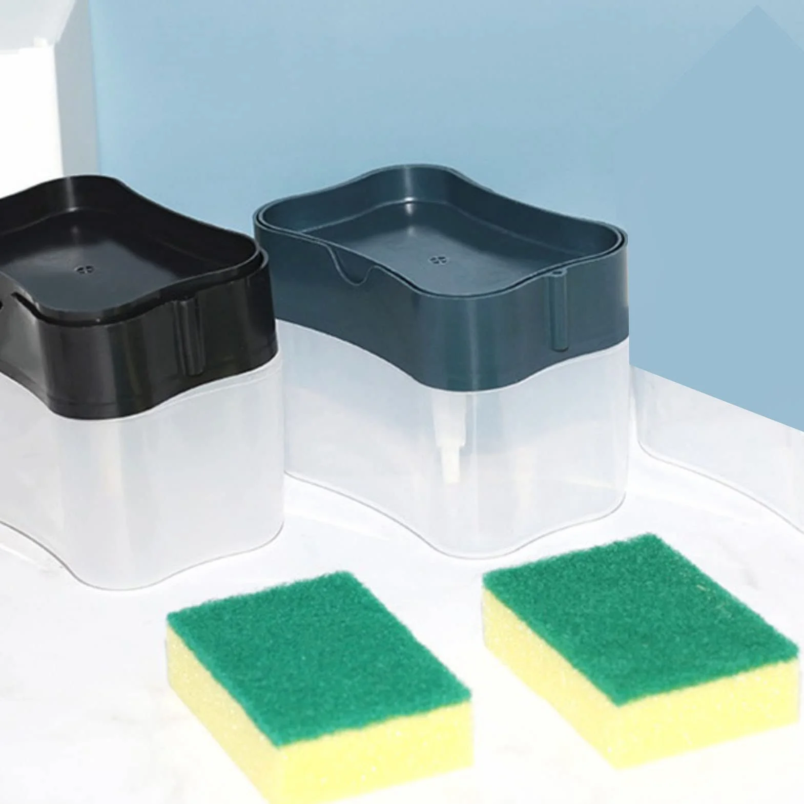 Dispensador de Jabón para Platos, Dispensador de Líquido para Platos para Cocina con Esponja, Dispensador de Líquido para Lavavajillas de Plástico Duradero 2 en 1, Recipiente de Jabón para(Negro)
