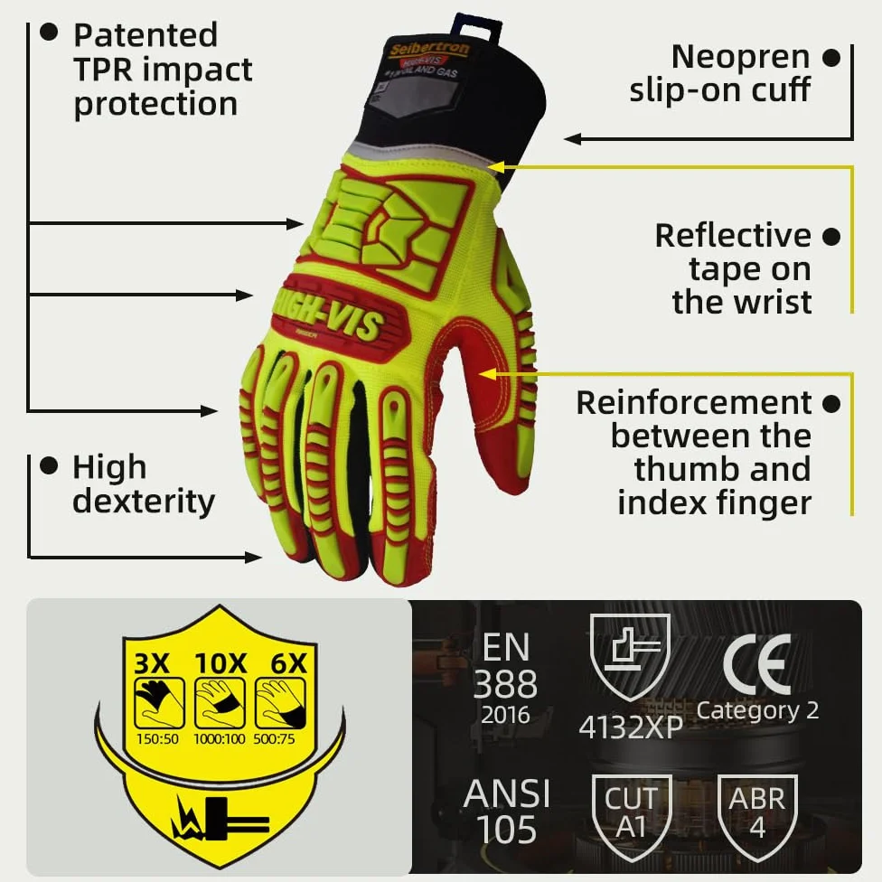 Seibertron HIGH-VIS HRIG Anti Impact Work Gloves Hi-Vis Oil and Gas Water Resistant Safety Heavy Duty Utility Mechanic Rigger Glove CE EN388 4132 XXL With 1 Black Glove Clip