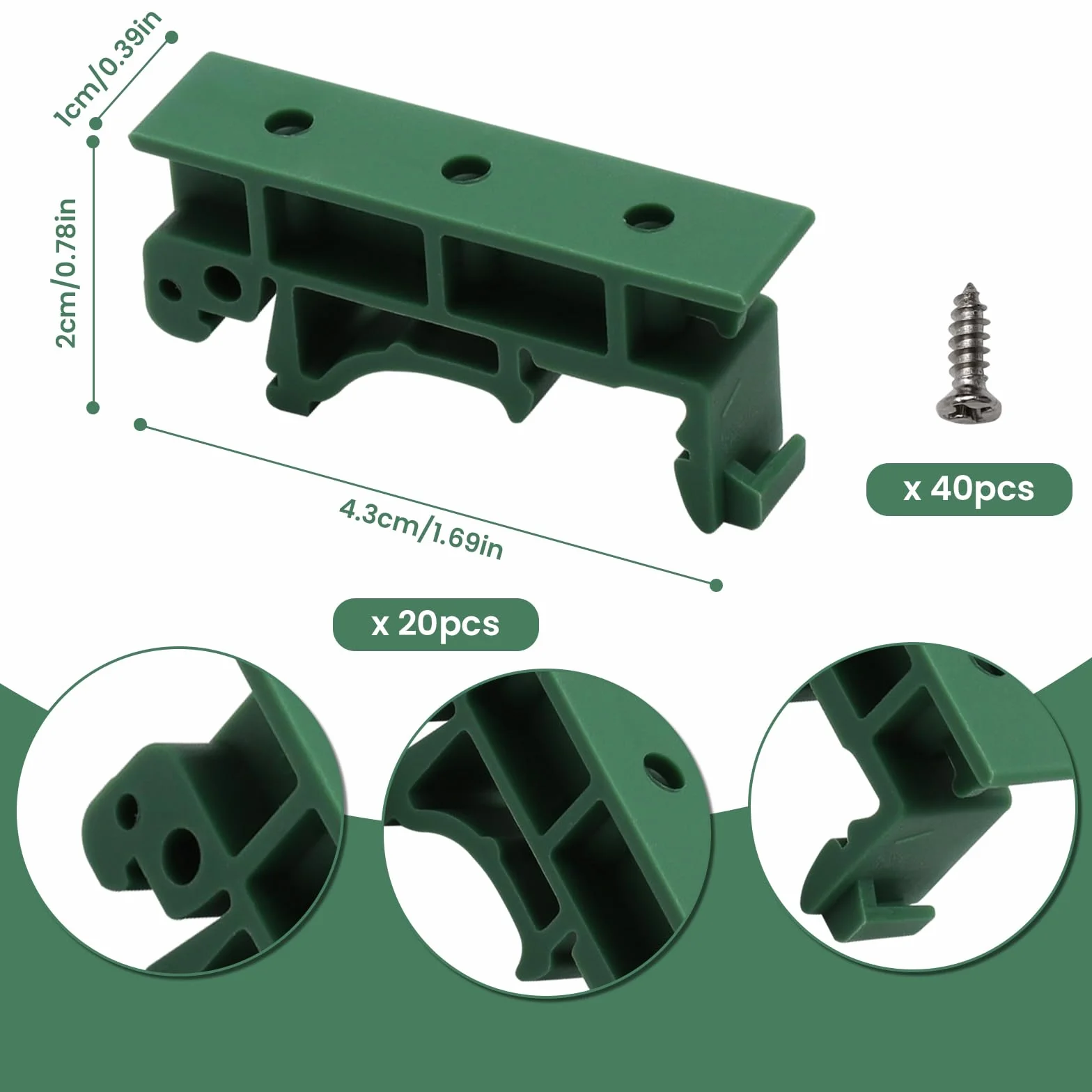 20 Piezas PCB DIN Soporte de Montaje, Verde PCB DIN C45 Adaptador Juego de Adaptadores con 40 Tornillos, Carril DIN Adaptador para Carril de Montaje DIN 45 35 mm PCB Soporte de Montaje