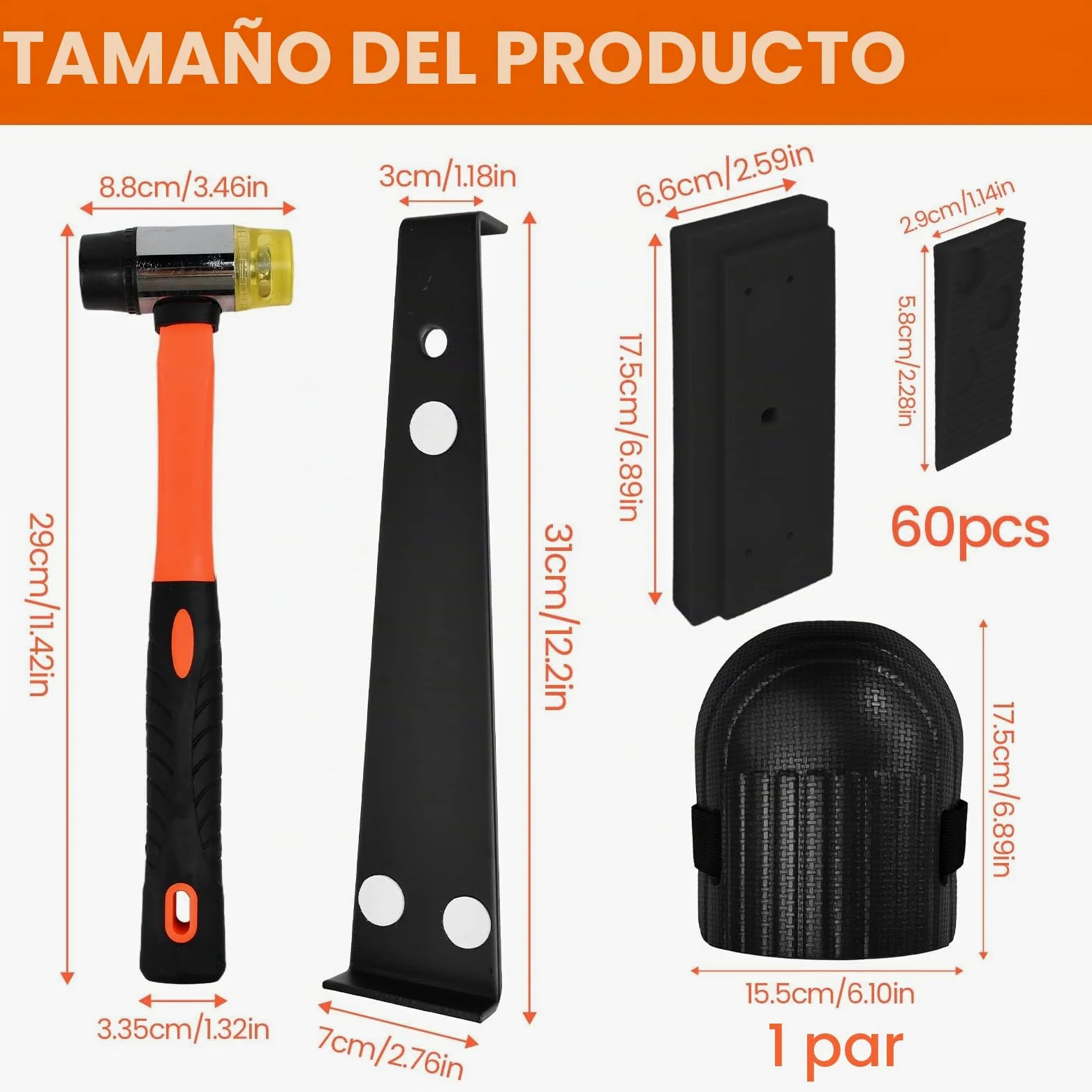 Kit de Instalación de Suelo Laminado, 65 PCS Herramientas para Piso Laminado con Martillo de Goma, Palanca, 60 Cuñas Separadoras, Bloque de Impacto y Rodilleras, Kits Colocación SueloLaminado