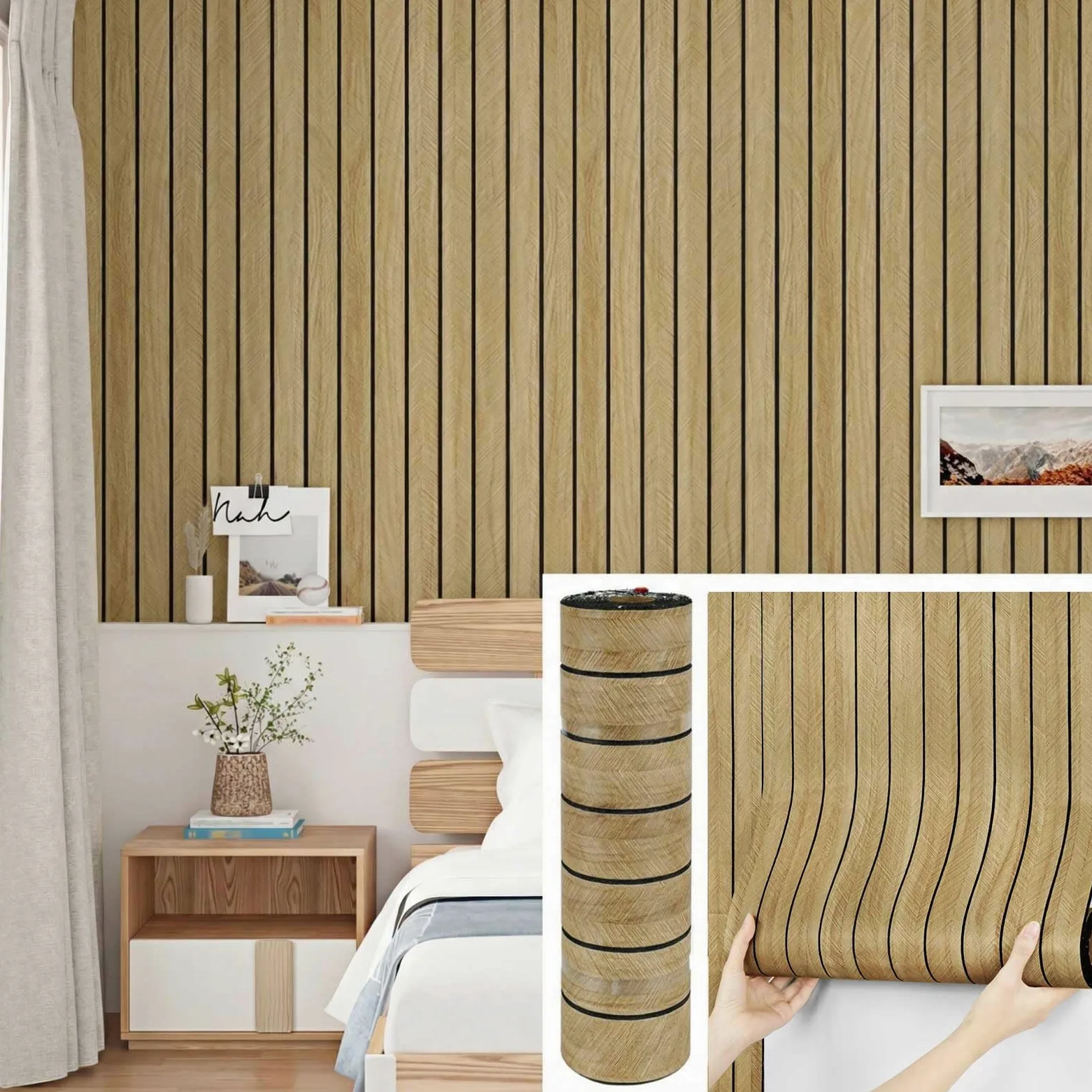 Paneles De Pared Autoadhesivos Marron Claro 3D Efecto Madera Para Sala De Estar Salon Dormitorio Paneles Decorativos Para Pared Paneles De Pared Espuma Acusticaen PVC Rollo 30cm x 300cm