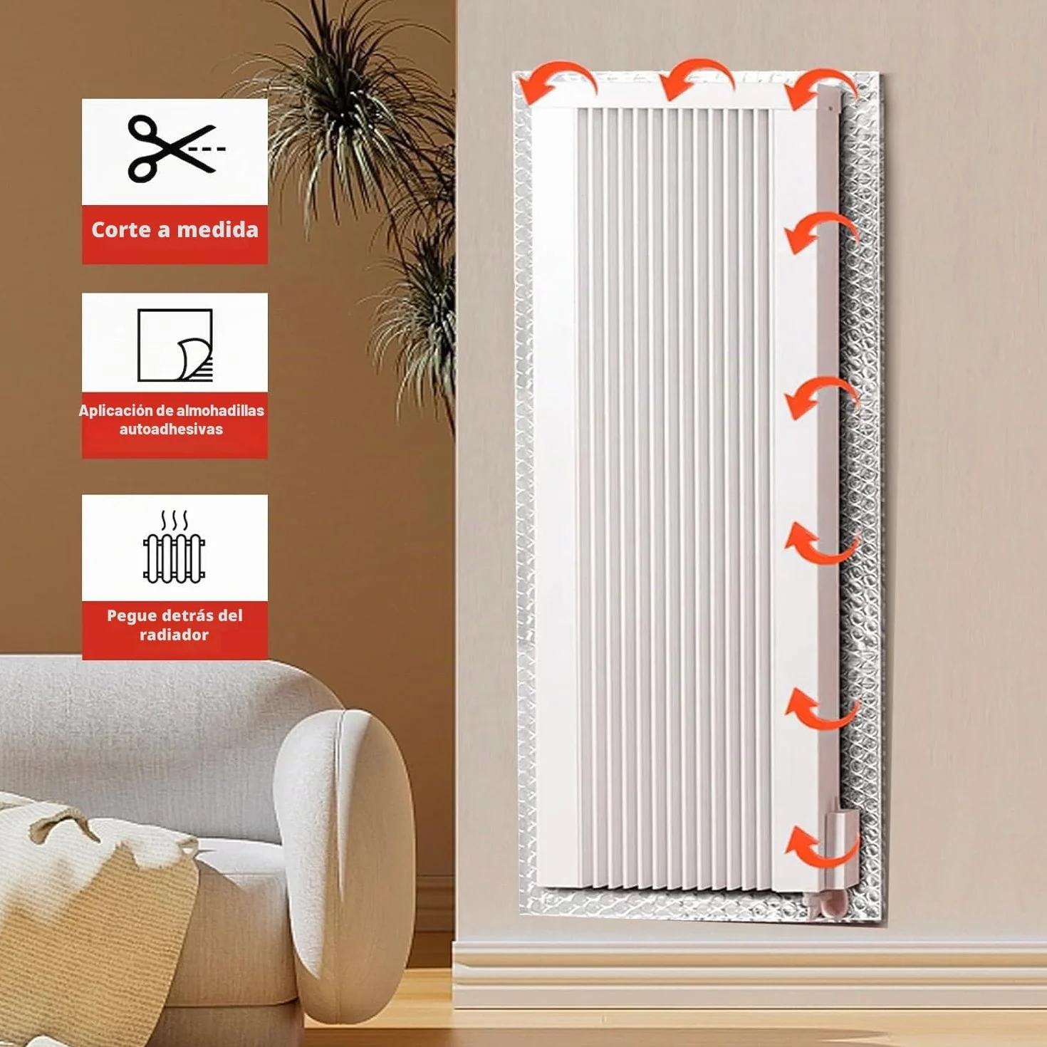 KAHEIGN Lámina de Aislamiento del Radiador, 5m x 60cm Reflector de Lámina de Aislamiento de Burbujas 4mm Espesor Reflector de Radiador Envolvente Reflectante de Calor con 12 Almohadillas Adhesivas