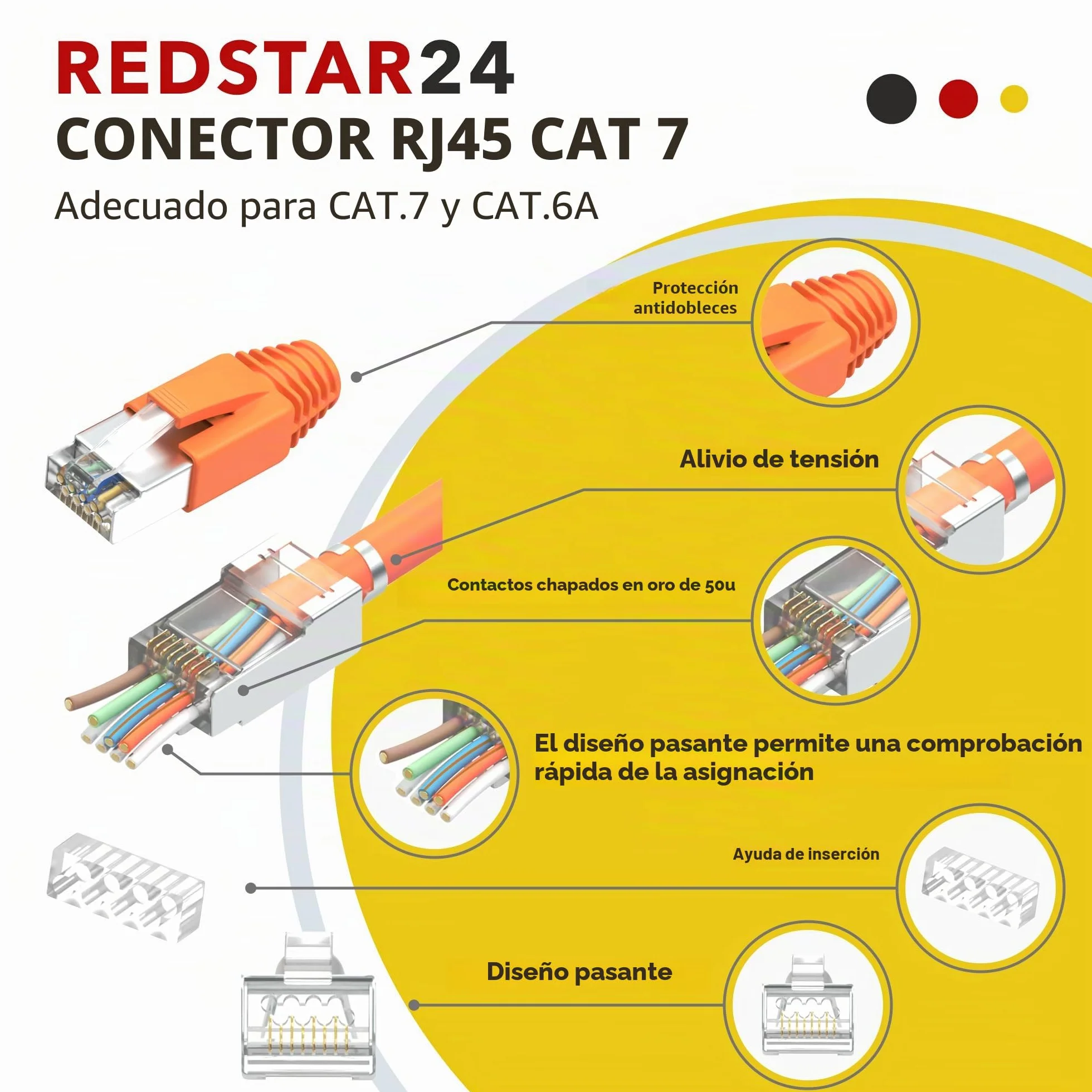 RedStar24 Conectores RJ45 Cat7 Pack 10 enchufes Ethernet Pass Through naranja