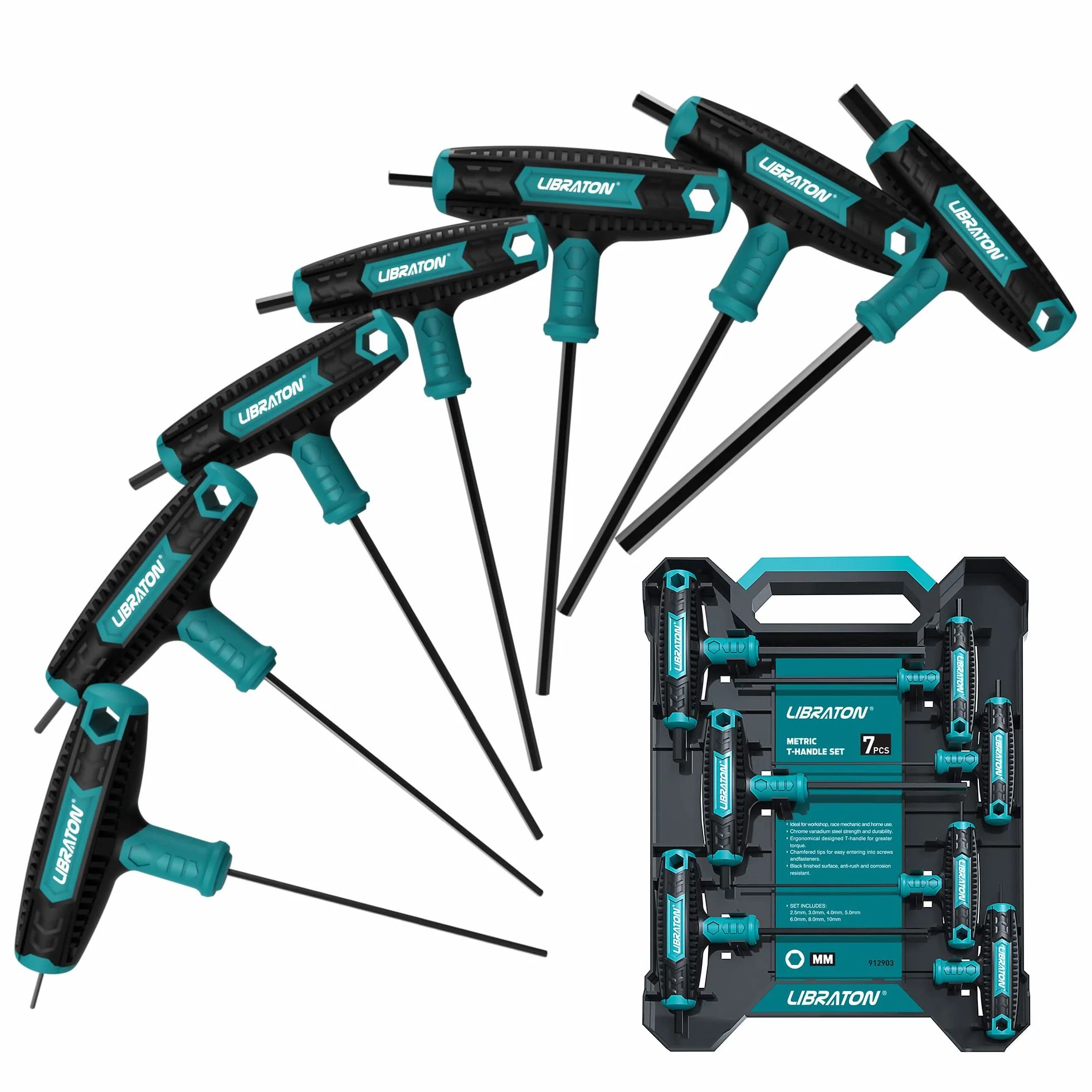 LIBRATON Llave con mango en T, Juego de Llave hexagonal en T 7pz, Llave Allen métrica con empuñadura en T, Destornilladores para reparación de automóviles y bicicletas, 2.5-10mm