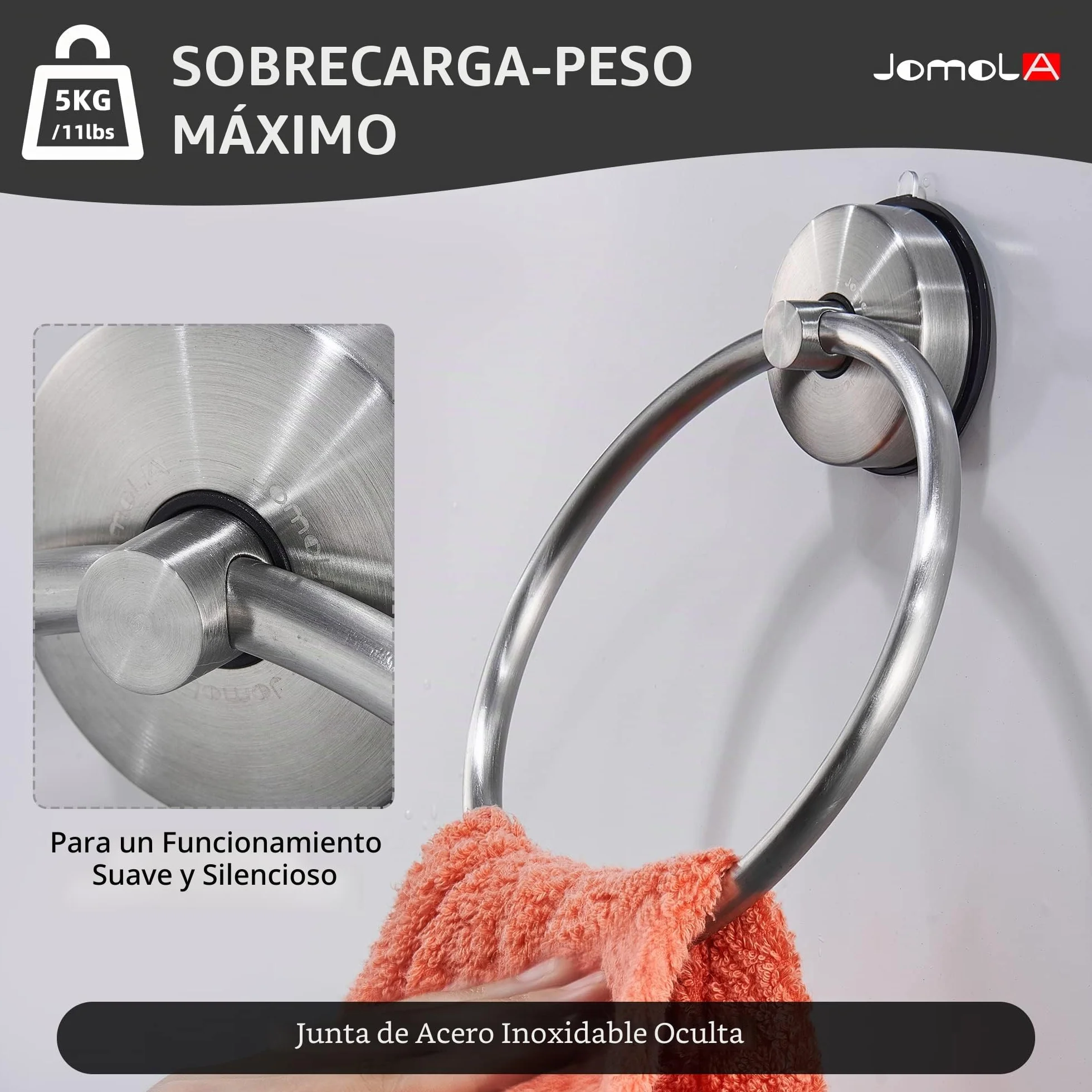JOMOLA Toallero de Aro con Ventosa Acero Inoxidable Sin Taladrar Colgador de Toallas Baño Montaje en Pared Acabado Cepillado
