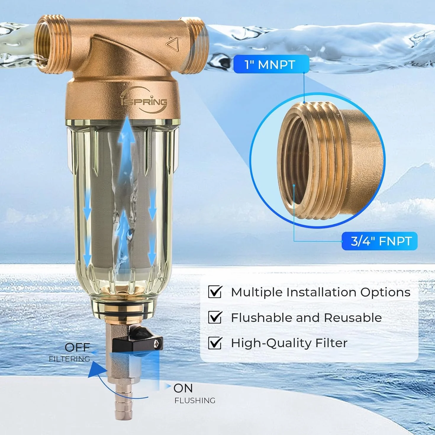 iSpring WSP-1000 Filtro de agua de sedimentos reutilizable para toda la casa, 1000 micras, filtración de prefiltro desechable, 20 GPM, MNPT de 1 pulgada + 3/4 pulgadas FNPT, latón