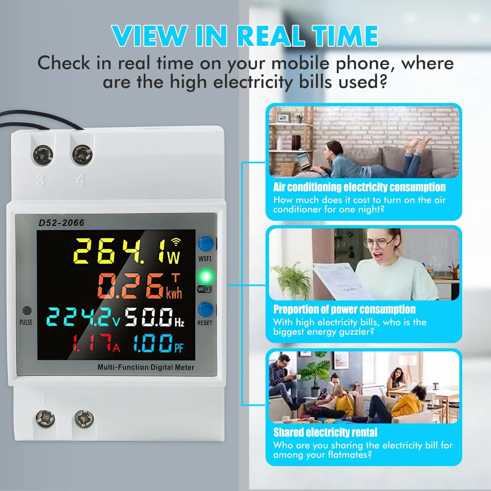 Jadeshay Medidor de Energía WiFi, AC 40-300V 100A Contador Electrico Digital Multifuncional Voltímetro Amperímetro para Medición del Consumo Eléctrico Voltaje Corriente Factor Potencia Frecuencia