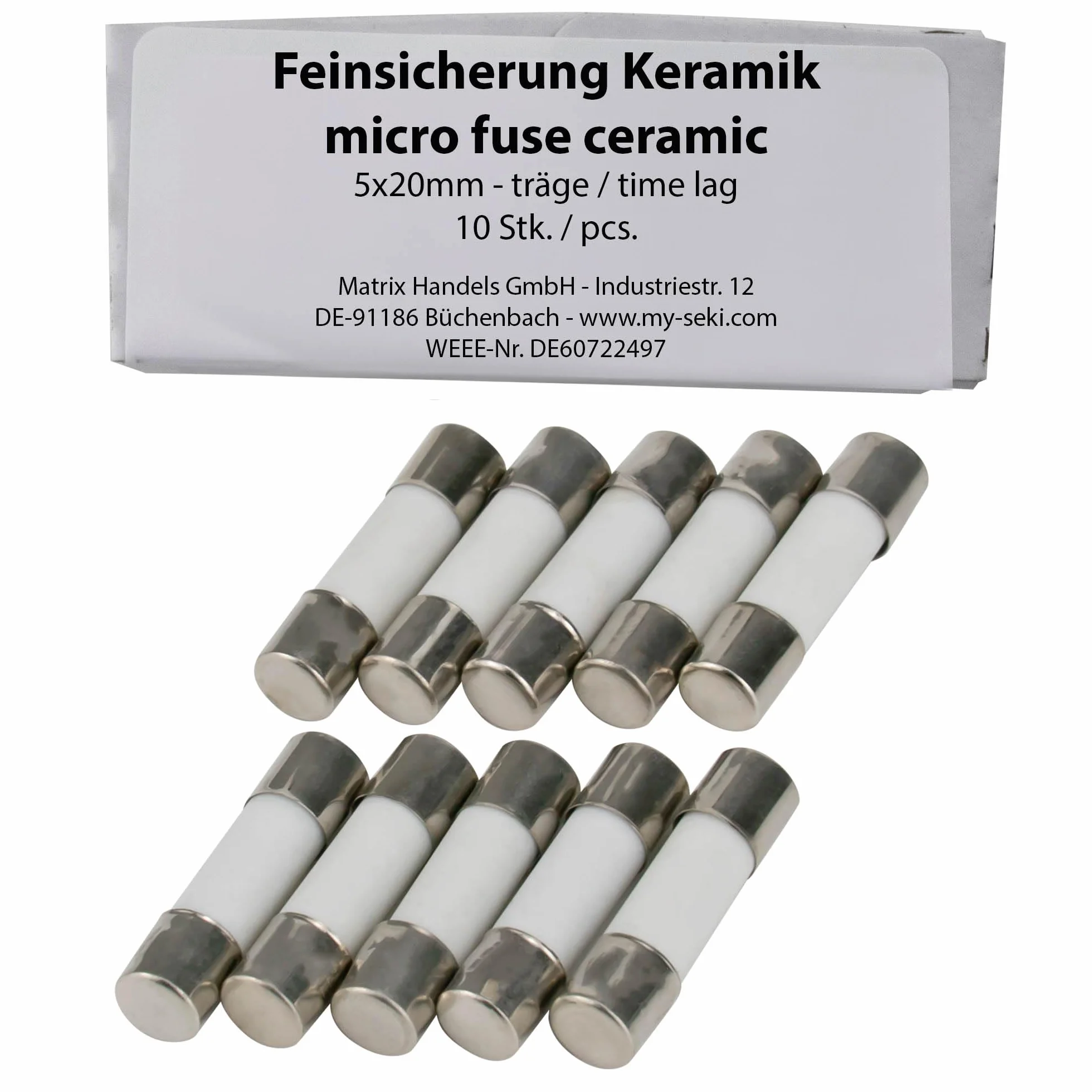 SeKi Lote de 10 fusibles cerámicos 10A 5x20mm lentos 250V