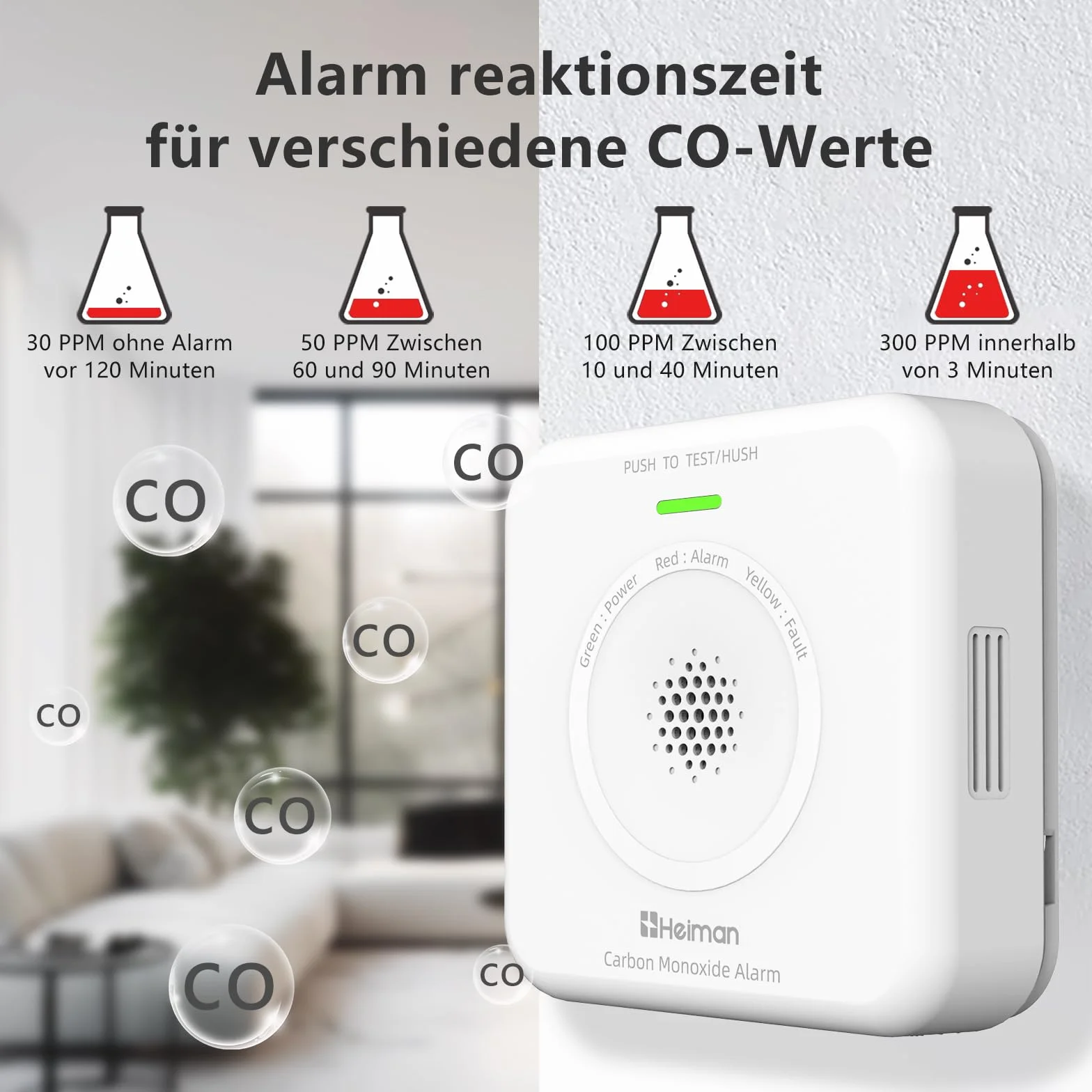 HEIMAN Detector de CO Interconectada, alarma CO de monóxido de carbono, sensor de 10 años, pilas intercambiables, 85 dB, detector de monóxido de carbono para el hogar, portátil, funciona con pilas (1)