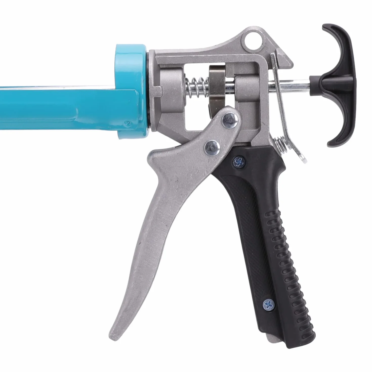 Amazon Basics Pistola para sellado de calafateo, resistente, 310ml, relación de fuerza 12:1, mango de aluminio con empuñadura de soporte de plástico, 0.3 litros, Azul y gris