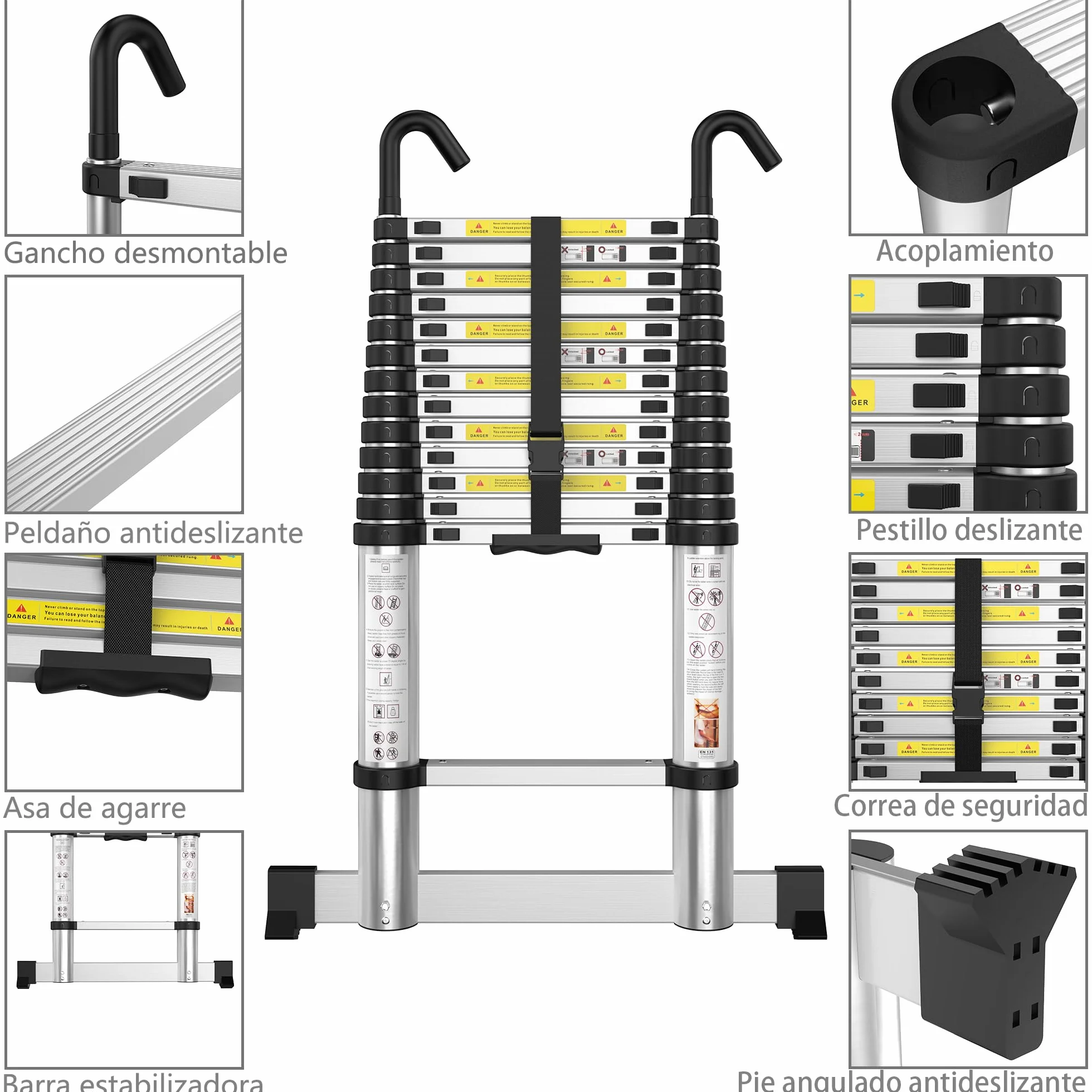 gymount Escaleras Plegables Aluminio, 3,8m Escalera Telescópica, Escalera Plegable Portátil, con Barra Estabilizadora y Ganchos Extraíbles Adecuado para Mantenimiento del hogar, Camping, Carga 150 KG