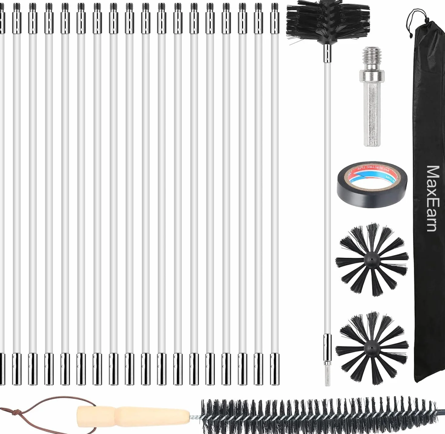 Juego de 24 piezas de varillas de cepillo de chimenea con 18 varillas flexibles de 410 mm + 2 cabezales de cepillo de 150 mm + 1 cepillo largo de madera + accesorios, kit de cepillos de