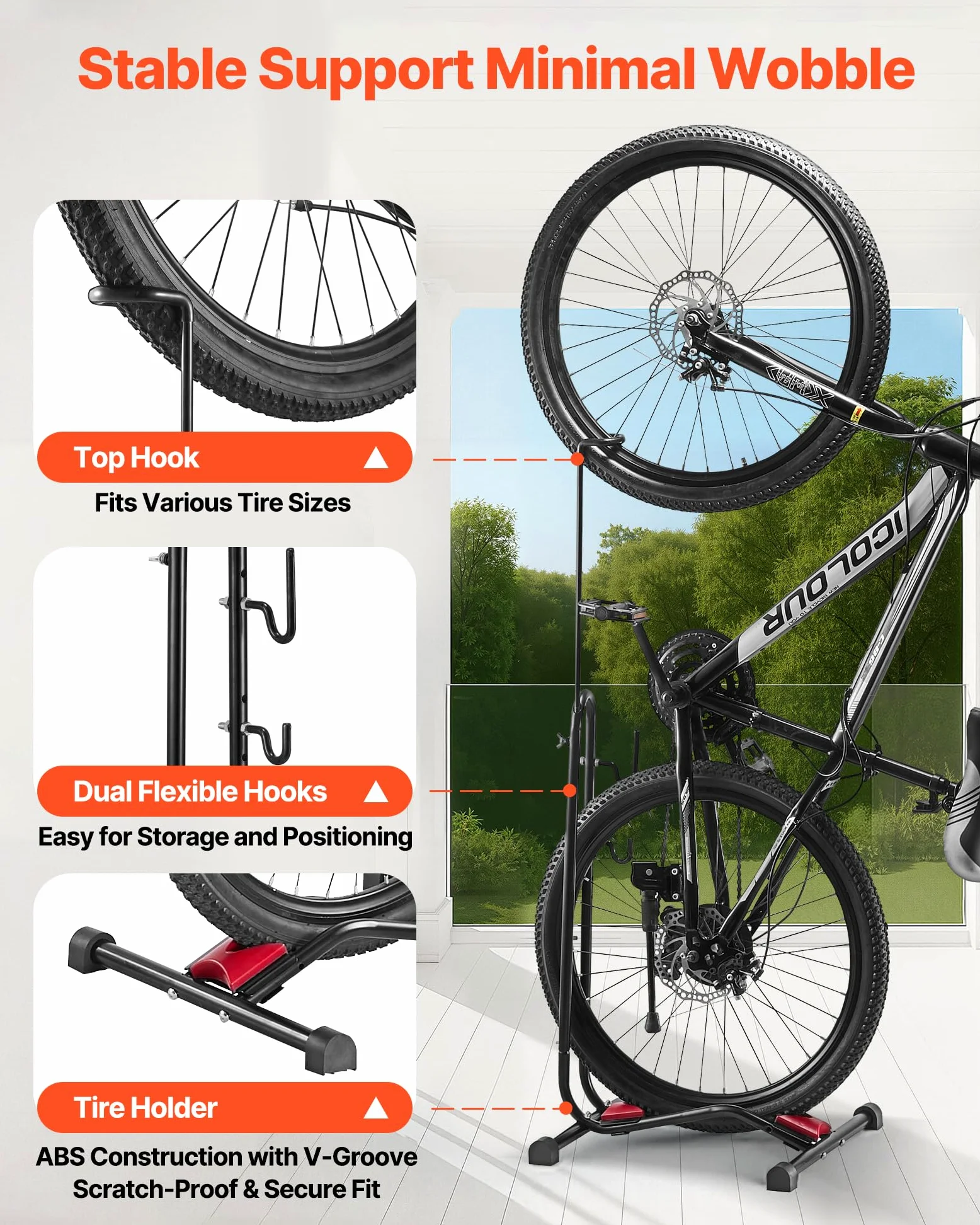 VEVOR Soporte para Bicicletas de Montaña y Carretera de 406,4-700 mm Vertical y Horizontal Portabicicletas de Suelo para Estacionamiento y Almacenamiento en Garaje, Porche, Interior, Exterior, Negro