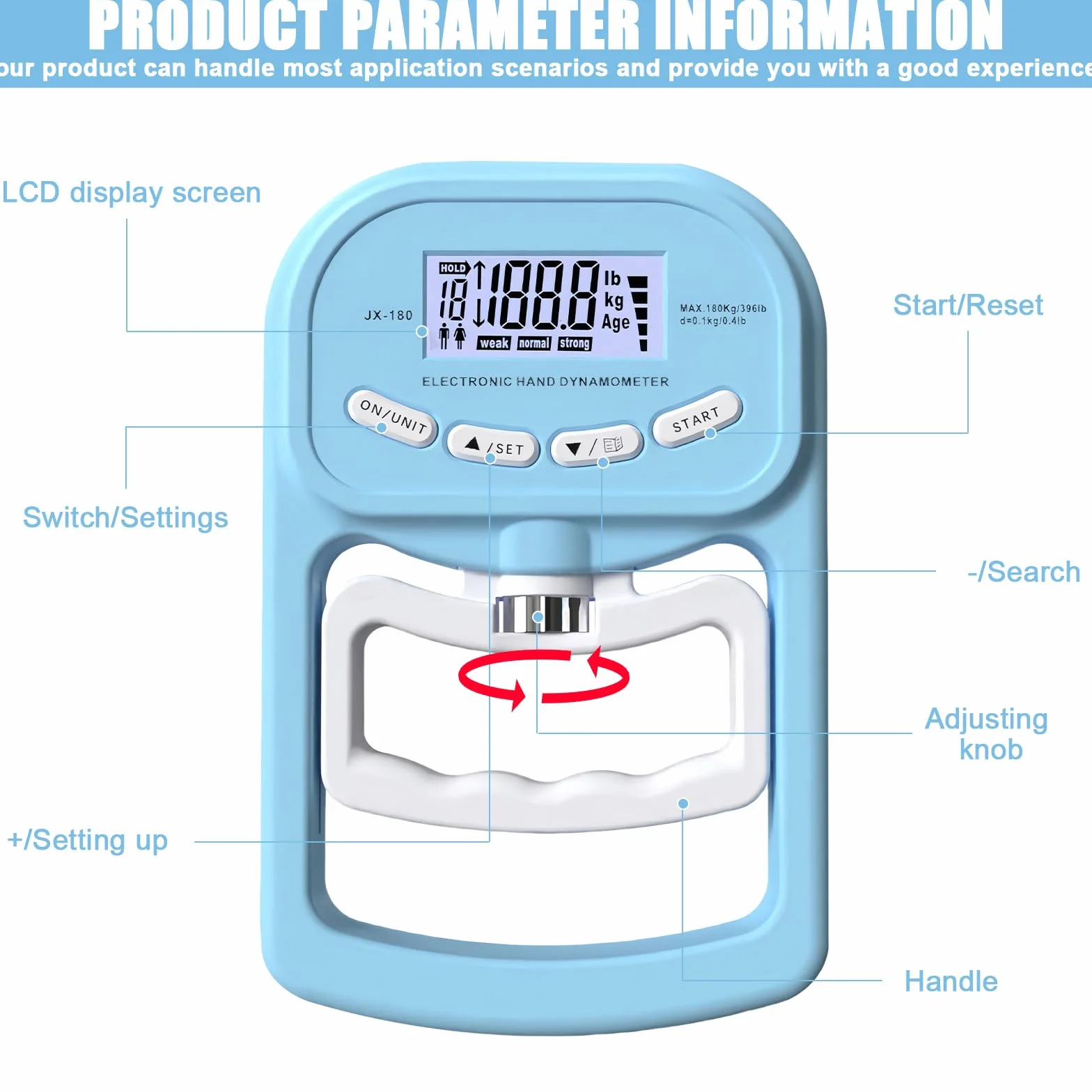 Medidor electrónico de fuerza de agarre: 396 lb/180 kg, dinamómetro de mano, dinamómetro de mano, pantalla LED, con cable de carga USB, color azul