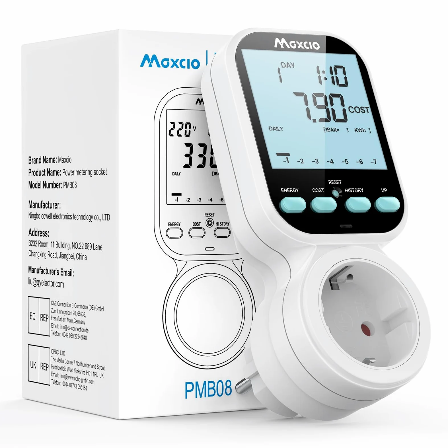 Maxcio Medidor de Consumo de Energía, enchufe de ahorro energético con pantalla LCD retroiluminada, 7 Modos Medidor de Consumo Electrico con Protección contra Sobrecarga, Nuevo Estilo