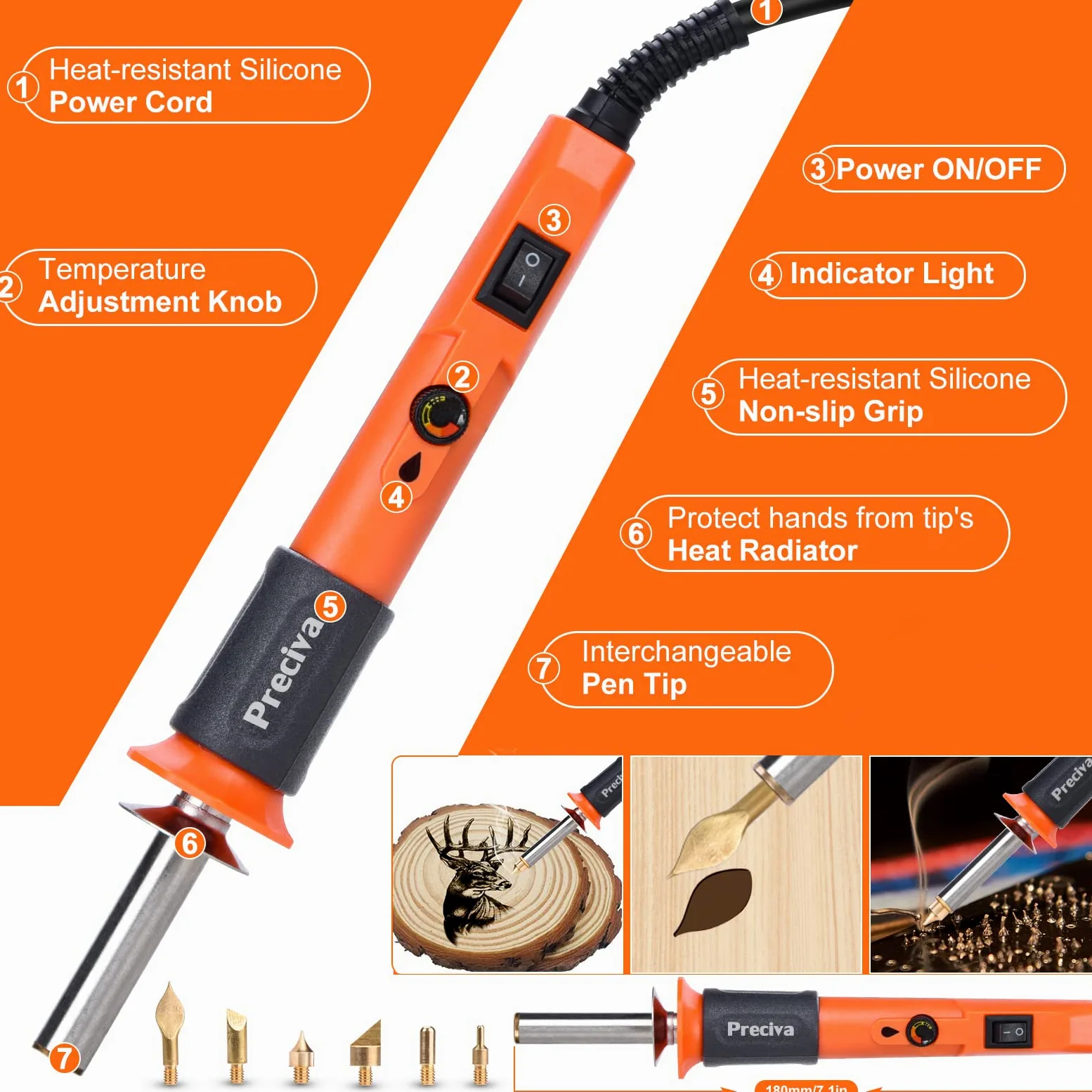 Pirografía Madera 25W, Preciva Soldador Quema Eléctrico Temperatura Ajustable 300~500 ℃ para Madera DIY, Manualidades, Pirografía Eléctrica, con 6 Puntas para Soldadura