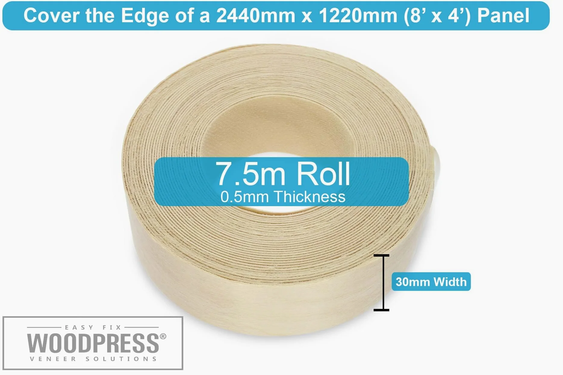 Borde termoadhesivo de abedul real de 30 mm, rollo de 7,5 m, cinta de chapa de madera prepegada para una fácil aplicación de bricolaje, cubrirá el borde de un panel de MDF estándar