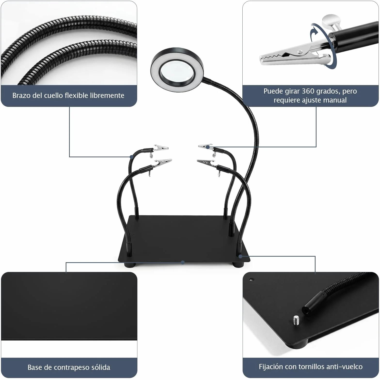 Estación de Soldadura 6X Lupa LED 4 Brazos Flexibles Soporte para Placa de Circuito Tercera Mano para Soldar Joyería Electrónica Manualidades
