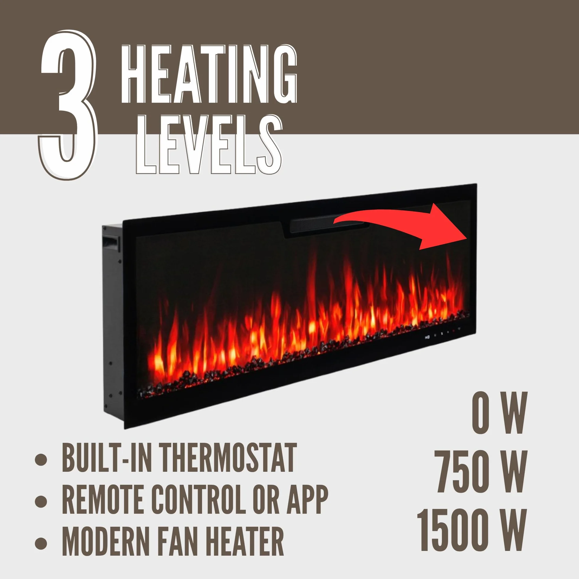 AFLAMO Chimenea Eléctrica LED Elite 153, Montaje en Pared, Efecto de Llama Multicolor, con Sonido y Calefacción (153x45x13)