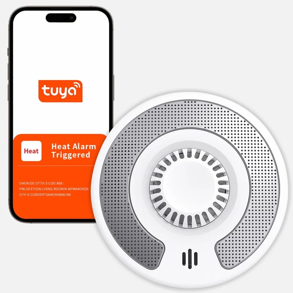 Detector de calor WiFi inteligente con control mediante aplicación Tuya, alarma de calor WiFi con batería de litio sellada de 10 años, BS 5446-2, VH03W