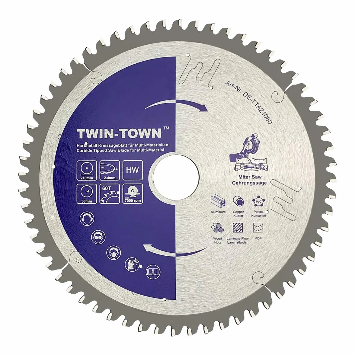 TWIN-TOWN Disco de Sierra Circular 210 x 30 mm para Aluminio, 60 Dientes de Carburo (TCT), Hoja de Sierra para Madera, Cobre y Plástico, Compatible con Bosch, Metabo y más