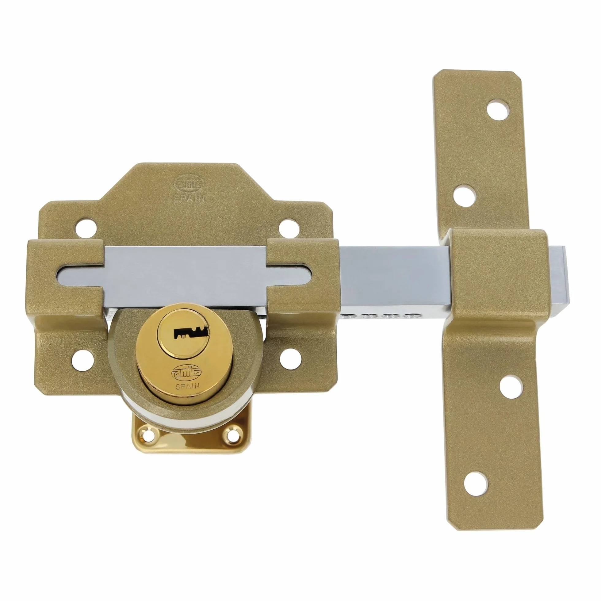 Amig - Cerrojo de Sobreponer con Cilindro Redondo Interior y Exterior Mod. 4-88 x 153 mm - Cerradura de Seguridad con Llave - Incluye 5 Llaves de Punto - Acero Martelé