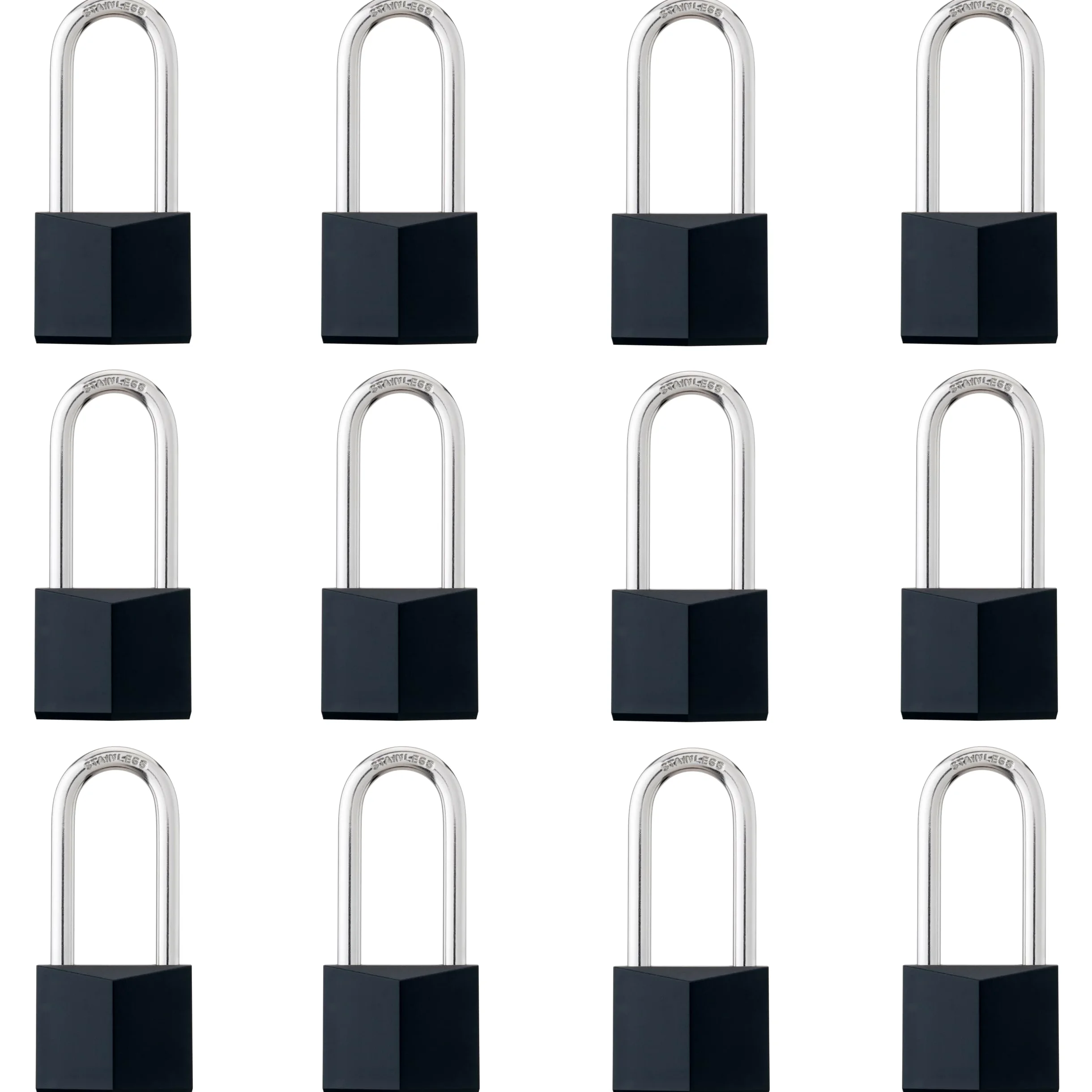 Paquete de 12 candados con llave igual, candado con llave de latón cubierto negro con grillete largo de acero inoxidable, cuerpo de cerradura de 1-9/16 pulgadas, cerraduras inoxidables para