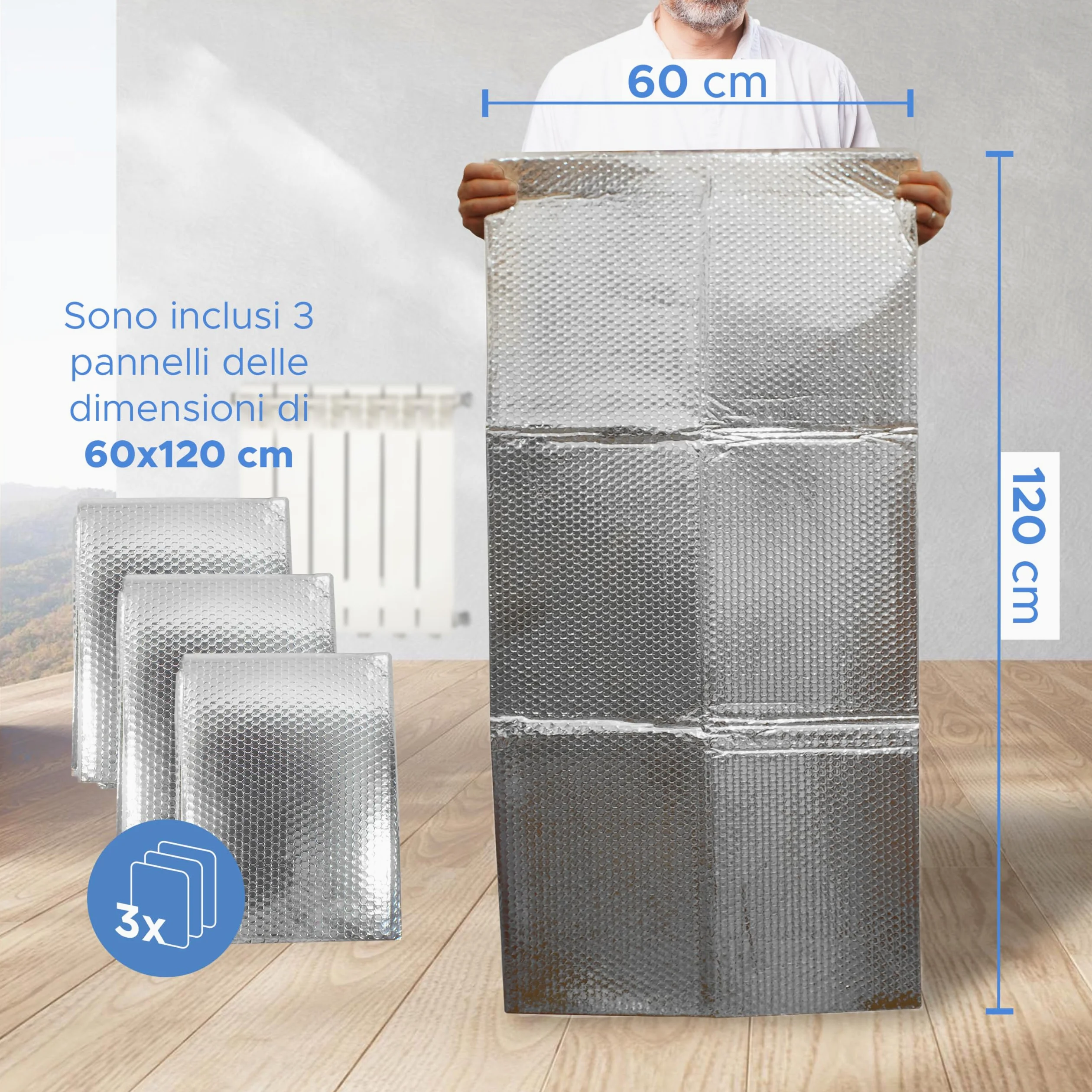 Paneles reflectantes para radiadores que reducen la pérdida de calor en casa, 3 hojas de 120 x 60 cm y 18 adhesivos 3M para montaje en pared