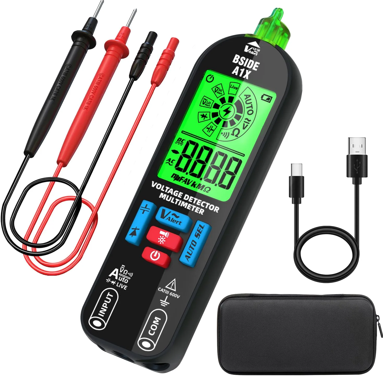 BSIDE A1X Multímetro Digital Inteligente Mini Detector de Voltaje Sin Contacto Recargable con Pantalla ID Tester Automático de Voltaje Continuidad Resistencia Probodor de Capacidad Diodo con Estuche