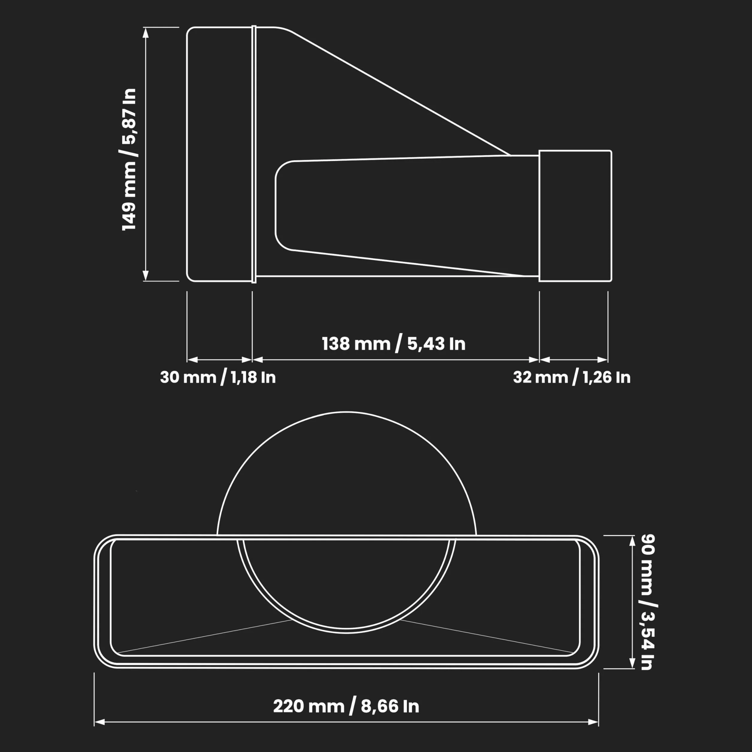 Repa Market 220 x 90 mm Tubo de conexión rectangular para tubo redondo - 150 mm - Conexión - Sistema de ventilación de aire - Elemento de ventilación para espacios limitados.