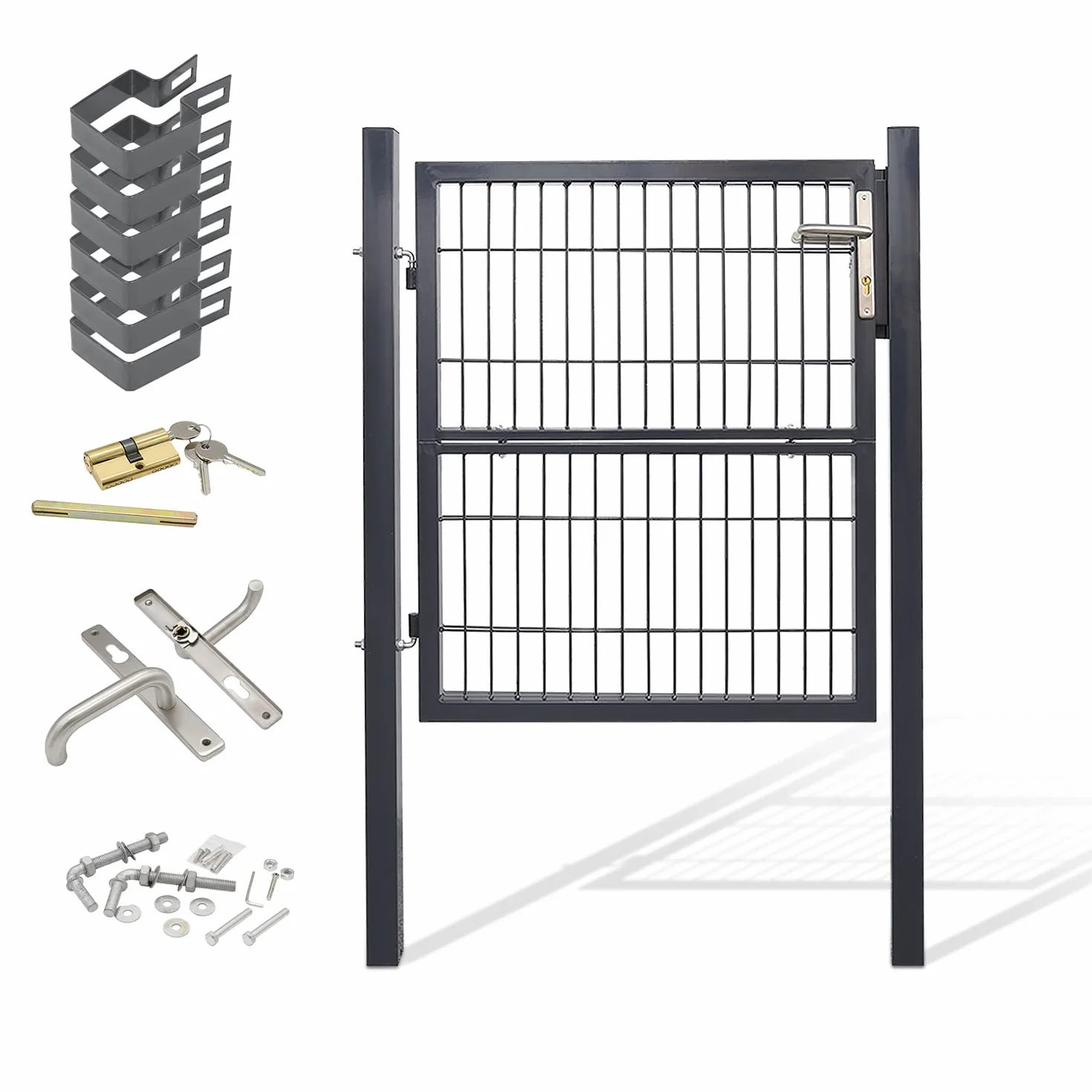 Gimisgu Puerta de jardín, 120 x 100 cm, de acero galvanizado, resistente y duradera, para valla de barra, incluye tirador y 3 llaves, color antracita