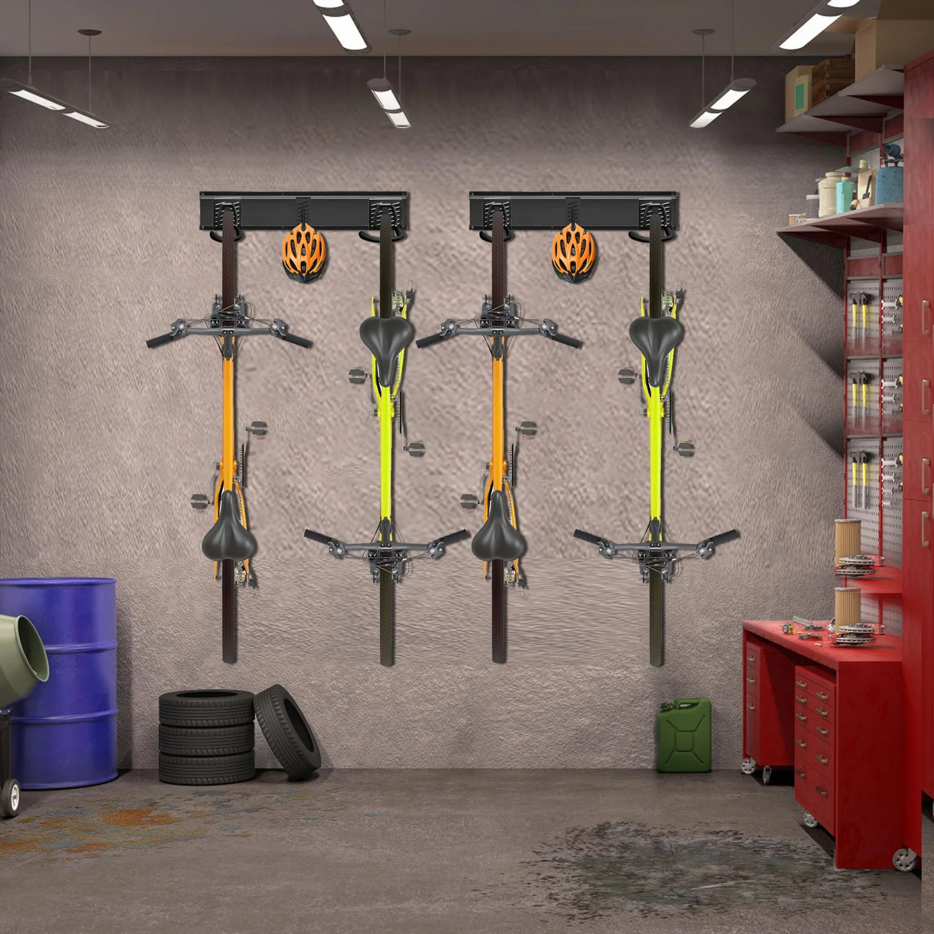 Mimoke Soporte de pared vertical ajustable para bicicleta eléctrica, MTB y bicicleta de carretera, soporte de pared para bicicletas y ganchos para casco (para 4 bicicletas 2 rieles)